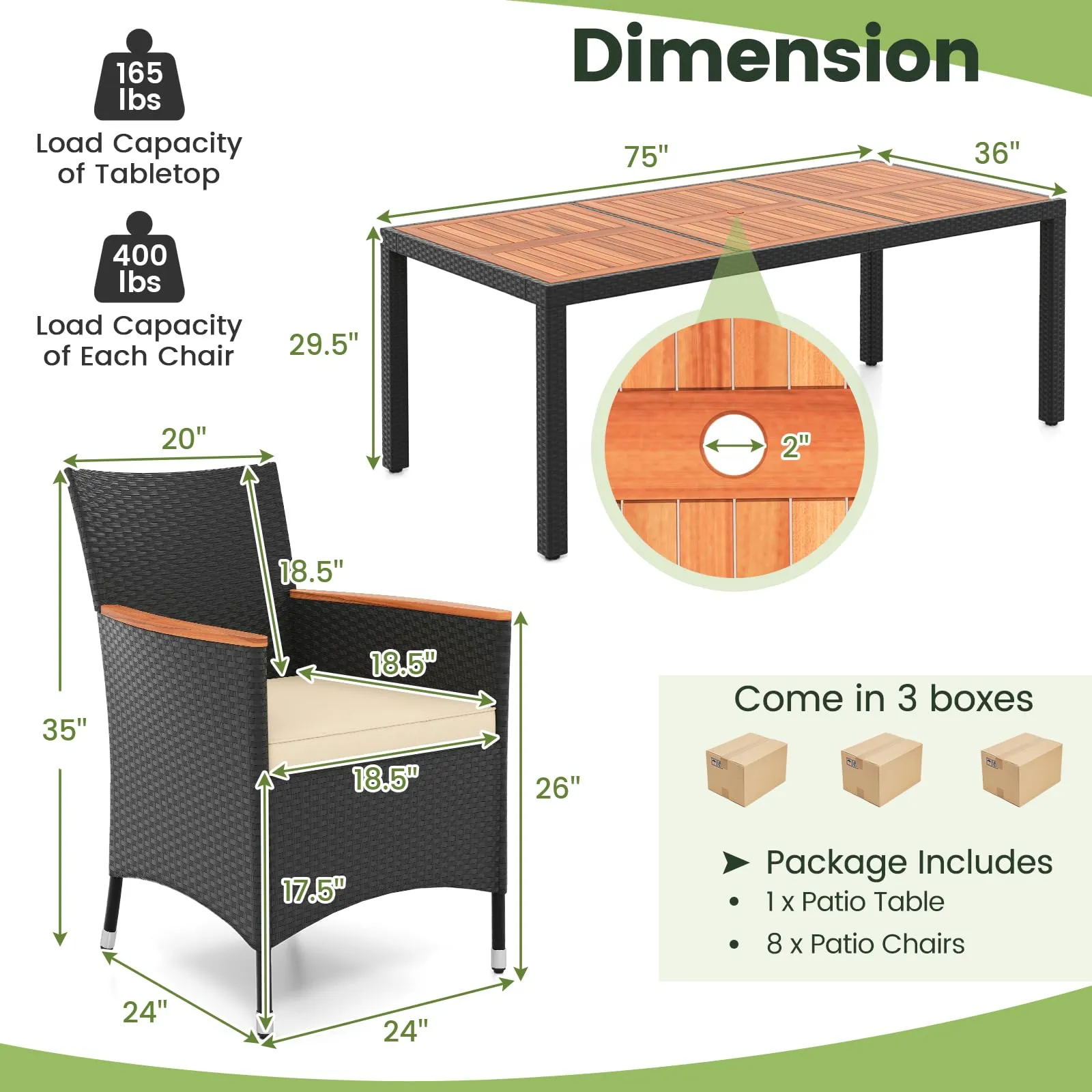 Tangkula 9 PCS Patio Dining Set for 8, Large Conversation Set with Umbrella Hole, Seat Cushion & Acacia Wood Tabletop