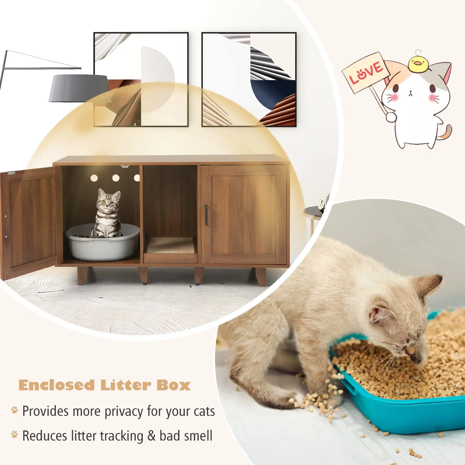 Tangkula Double Cat Litter Box Enclosure for 2 Cats, Large Stackable Hidden Privacy Cat Washroom Cabinet with Scratching Board