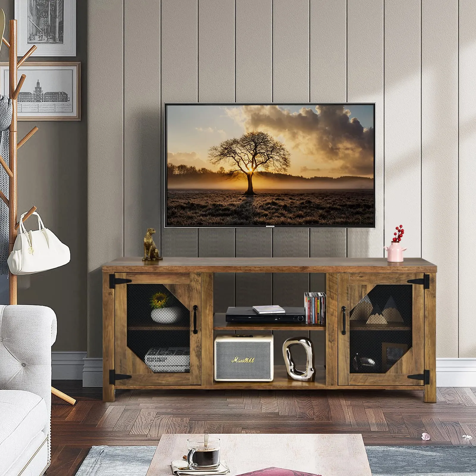 Tangkula Farmhouse TV Stand for TVs up to 65 Inch Flat Screen, Media Console Cabinet, Rustic Brown