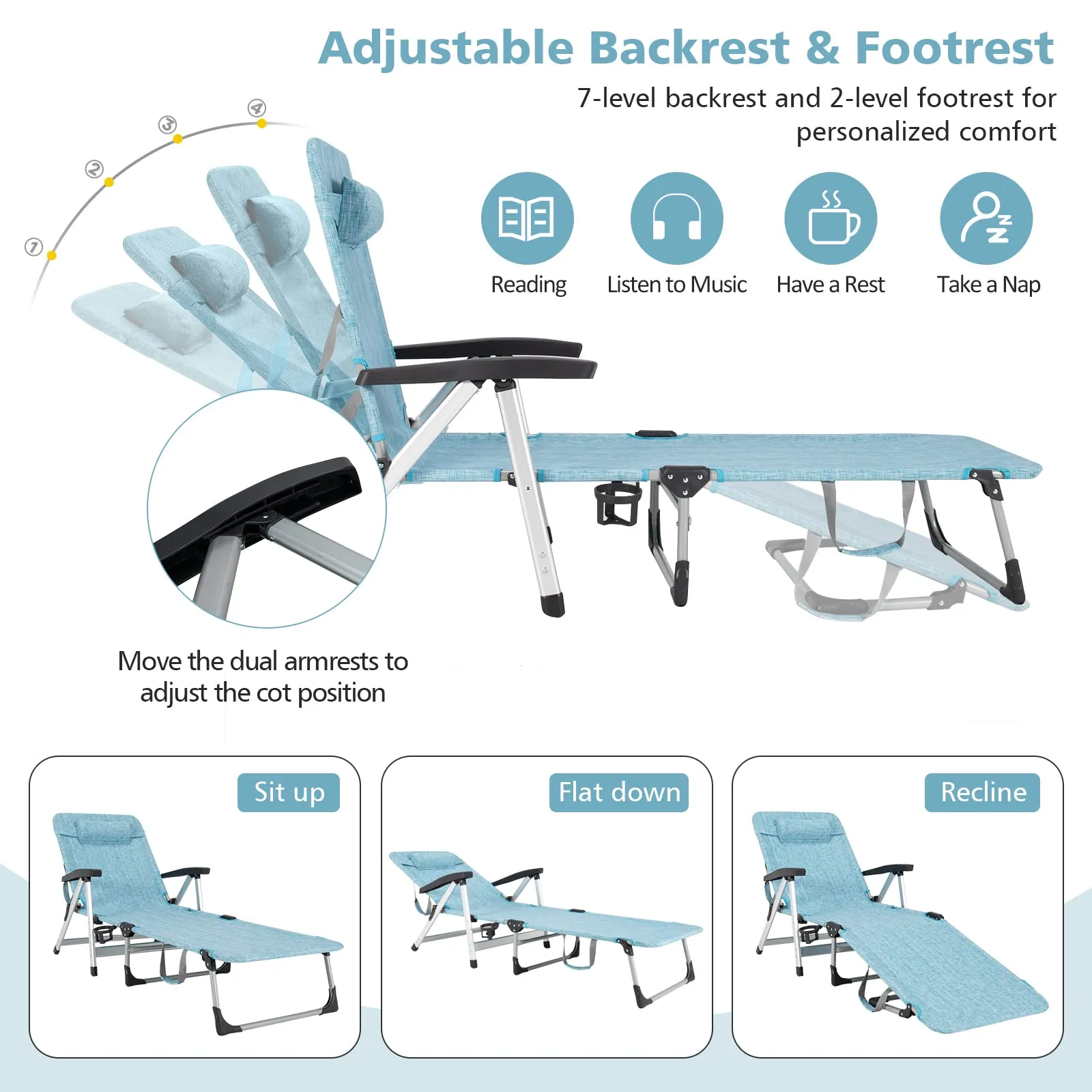 Tangkula Folding Chaise Lounge Chair, Adjustable 7-Position Recliner with Removable Headrest and Cup Holder