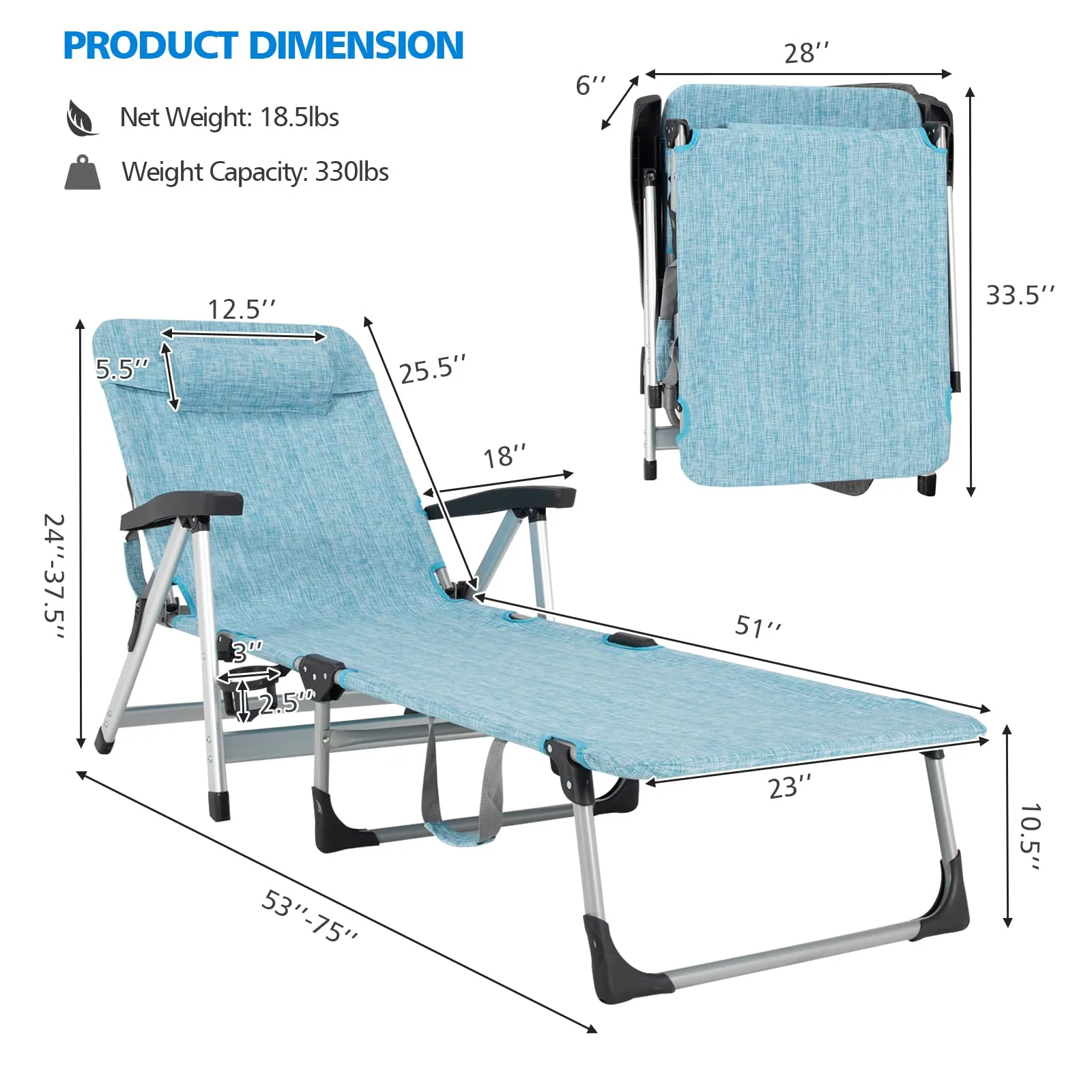 Tangkula Folding Chaise Lounge Chair, Adjustable 7-Position Recliner with Removable Headrest and Cup Holder