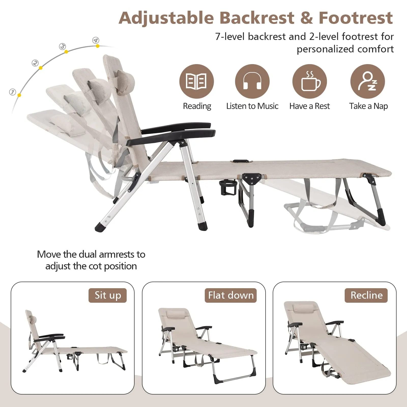 Tangkula Folding Chaise Lounge Chair, Adjustable 7-Position Recliner with Removable Headrest and Cup Holder