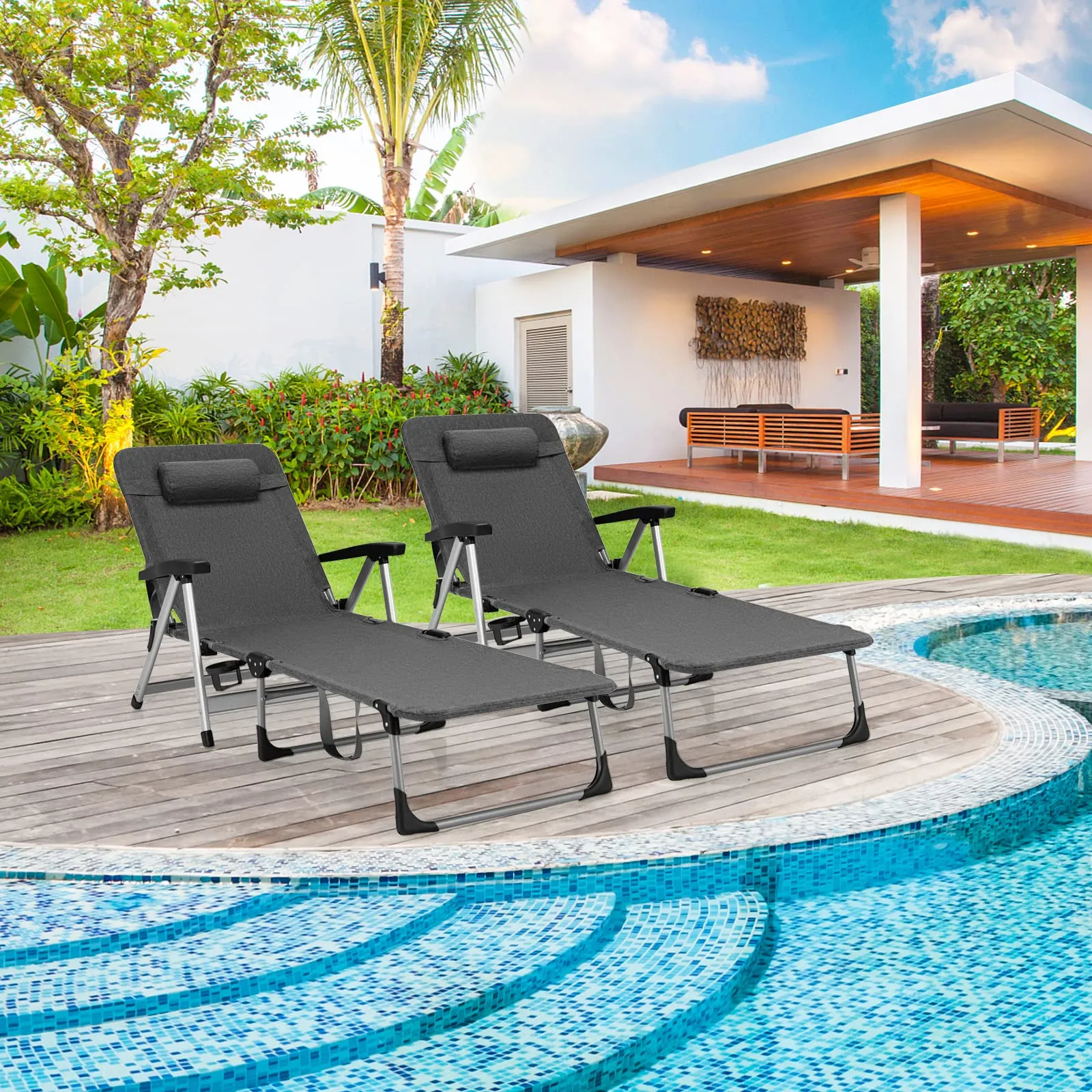 Tangkula Folding Chaise Lounge Chair, Adjustable 7-Position Recliner with Removable Headrest and Cup Holder