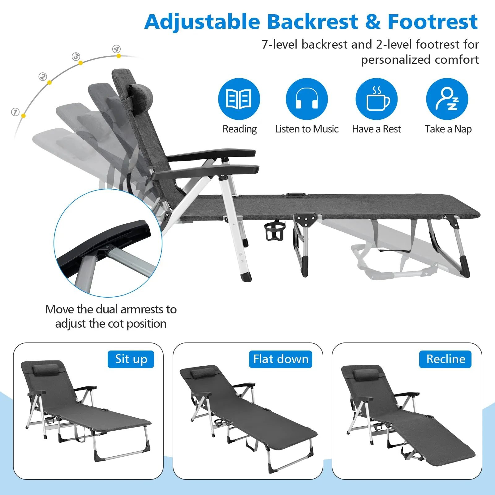 Tangkula Folding Chaise Lounge Chair, Adjustable 7-Position Recliner with Removable Headrest and Cup Holder