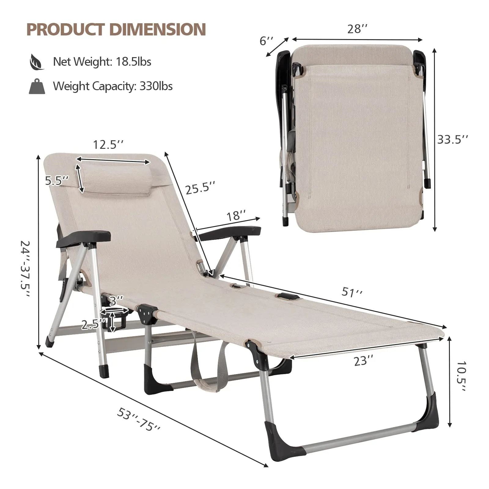 Tangkula Folding Chaise Lounge Chair, Adjustable 7-Position Recliner with Removable Headrest and Cup Holder