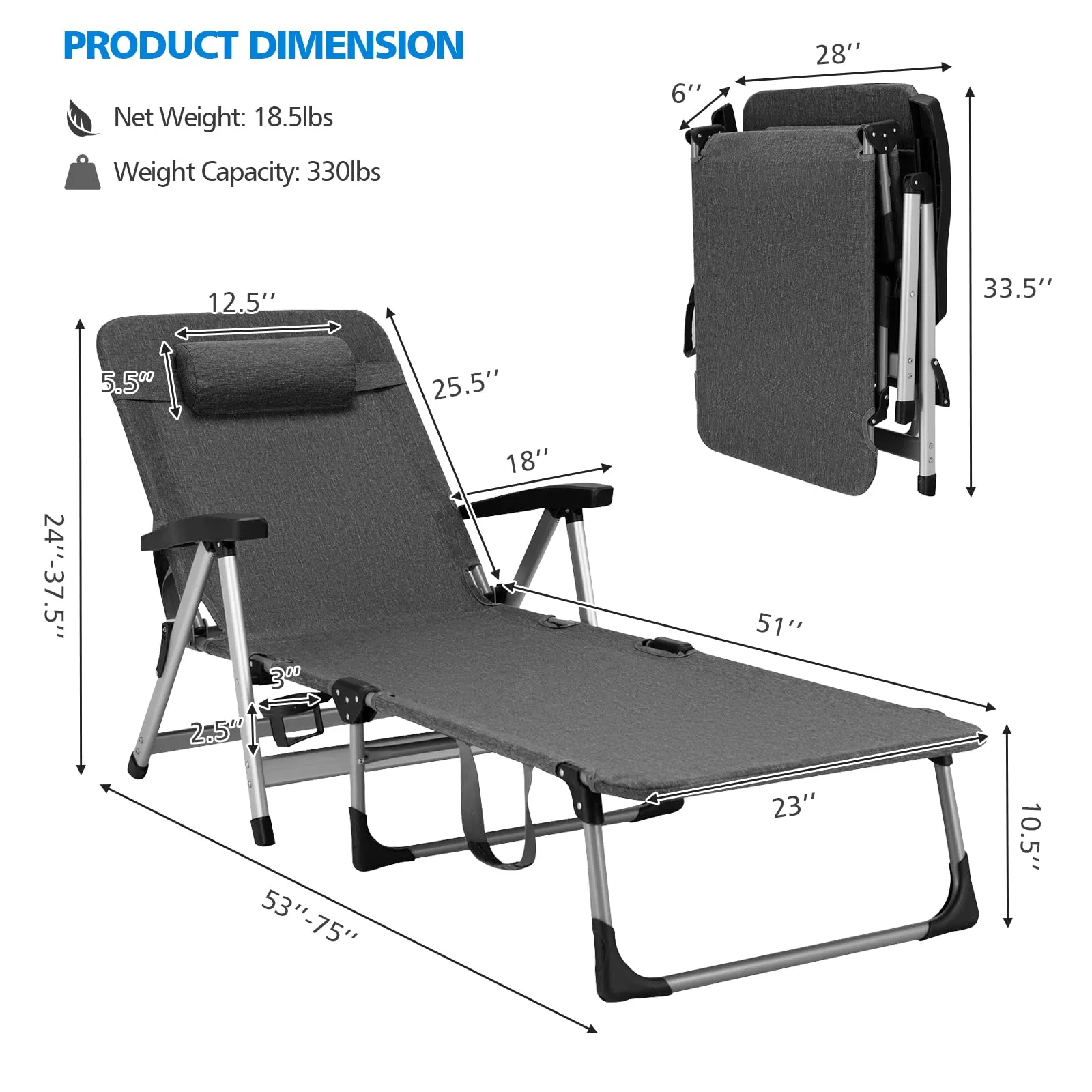 Tangkula Folding Chaise Lounge Chair, Adjustable 7-Position Recliner with Removable Headrest and Cup Holder