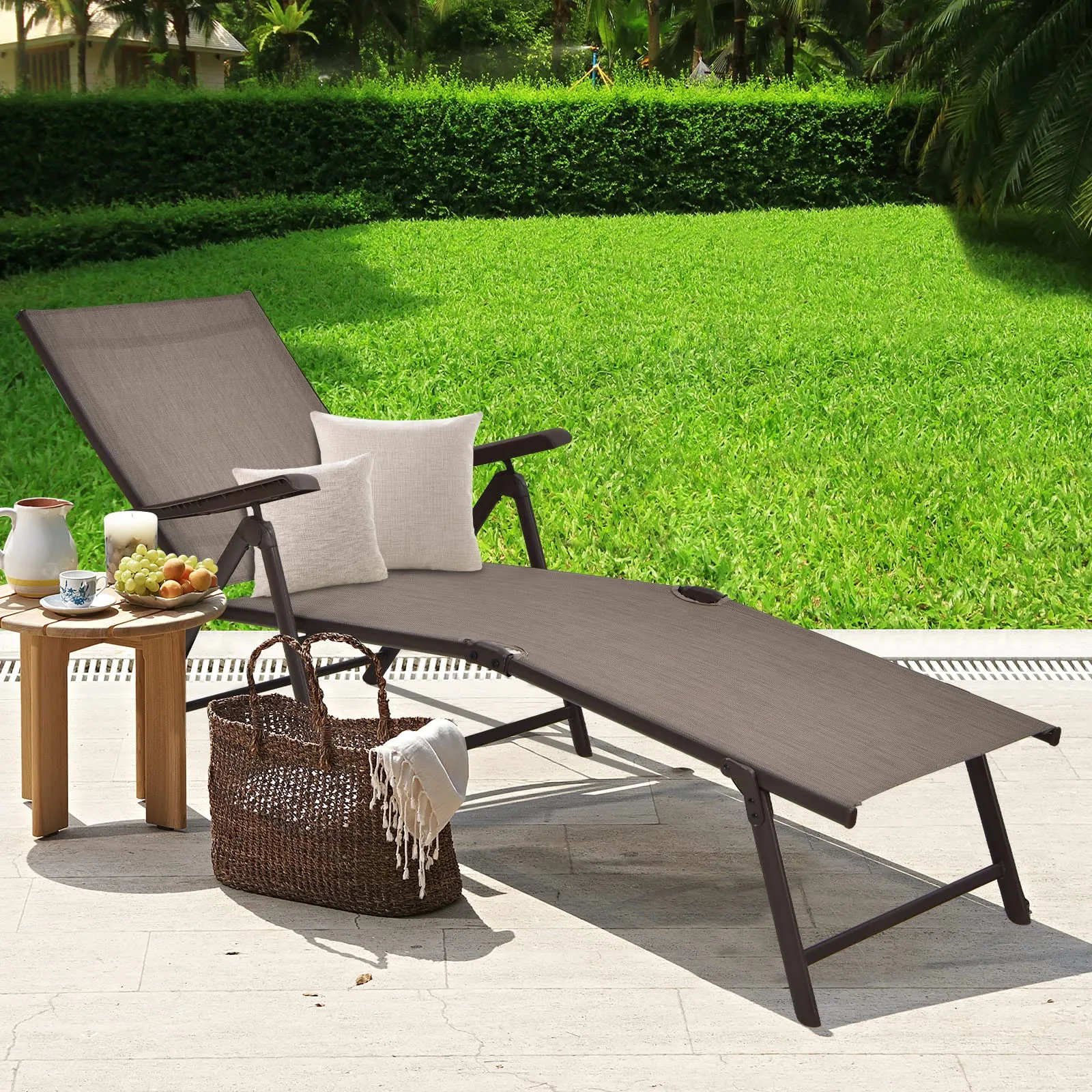 Tangkula Outdoor Chaise Lounge, Folding Recliner Lounge Chair with 5-Position Adjustable Backrest & 2-Position Footrest