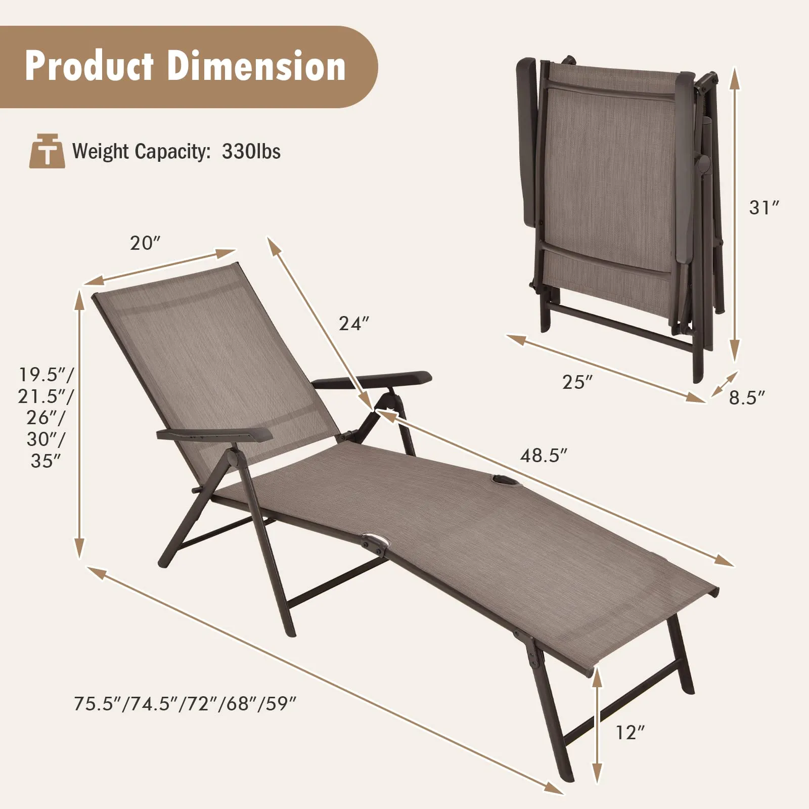 Tangkula Outdoor Chaise Lounge, Folding Recliner Lounge Chair with 5-Position Adjustable Backrest & 2-Position Footrest