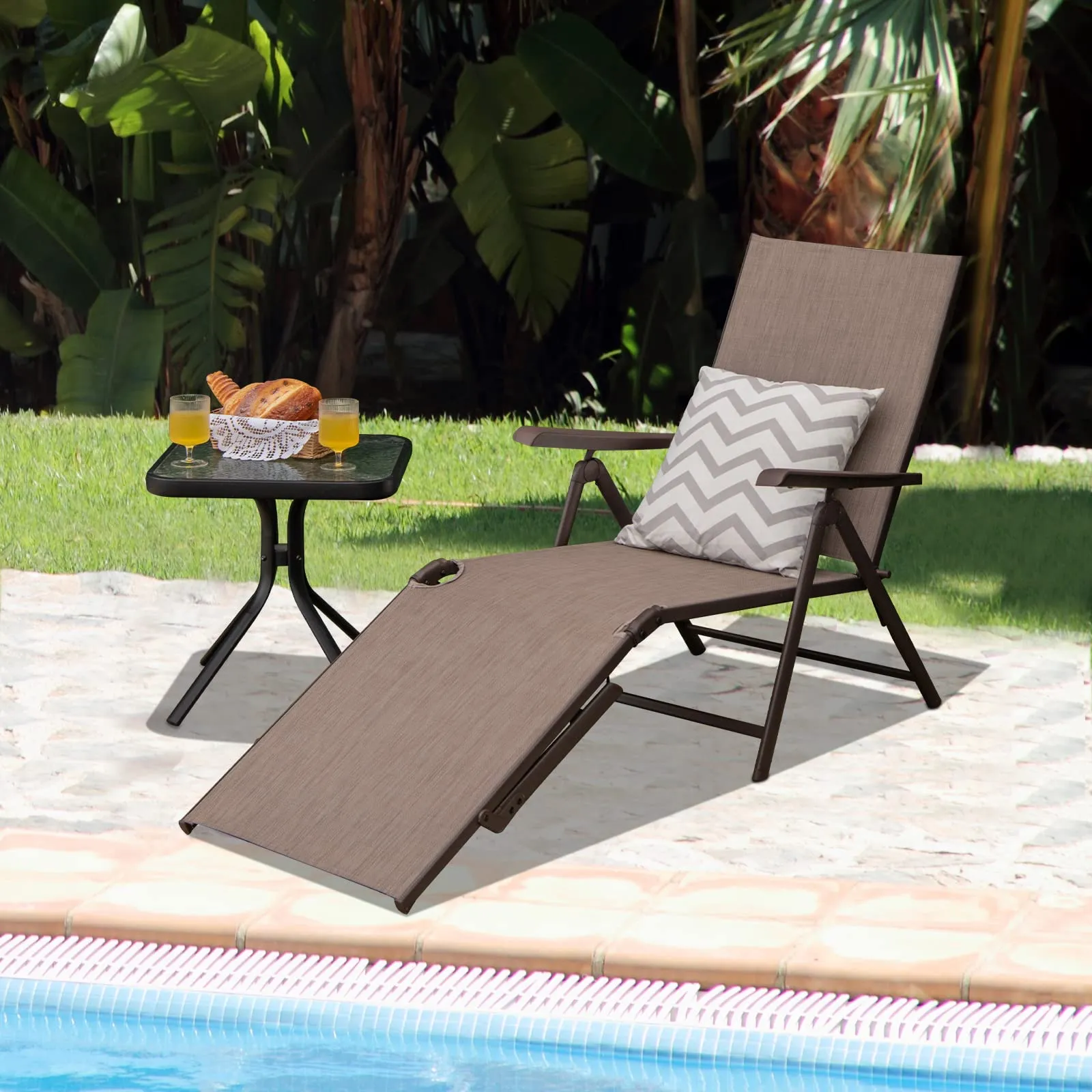 Tangkula Outdoor Chaise Lounge, Folding Recliner Lounge Chair with 5-Position Adjustable Backrest & 2-Position Footrest