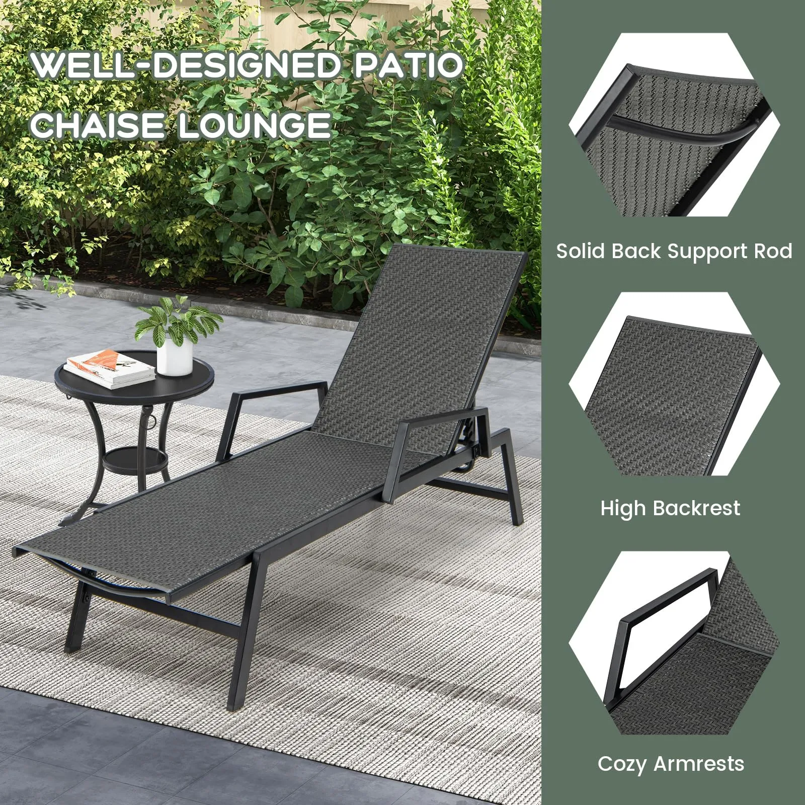 Tangkula Outdoor Rattan Chaise Lounge, Woven PE Wicker Reclining Chair with Armrests & 5-Position Backrest