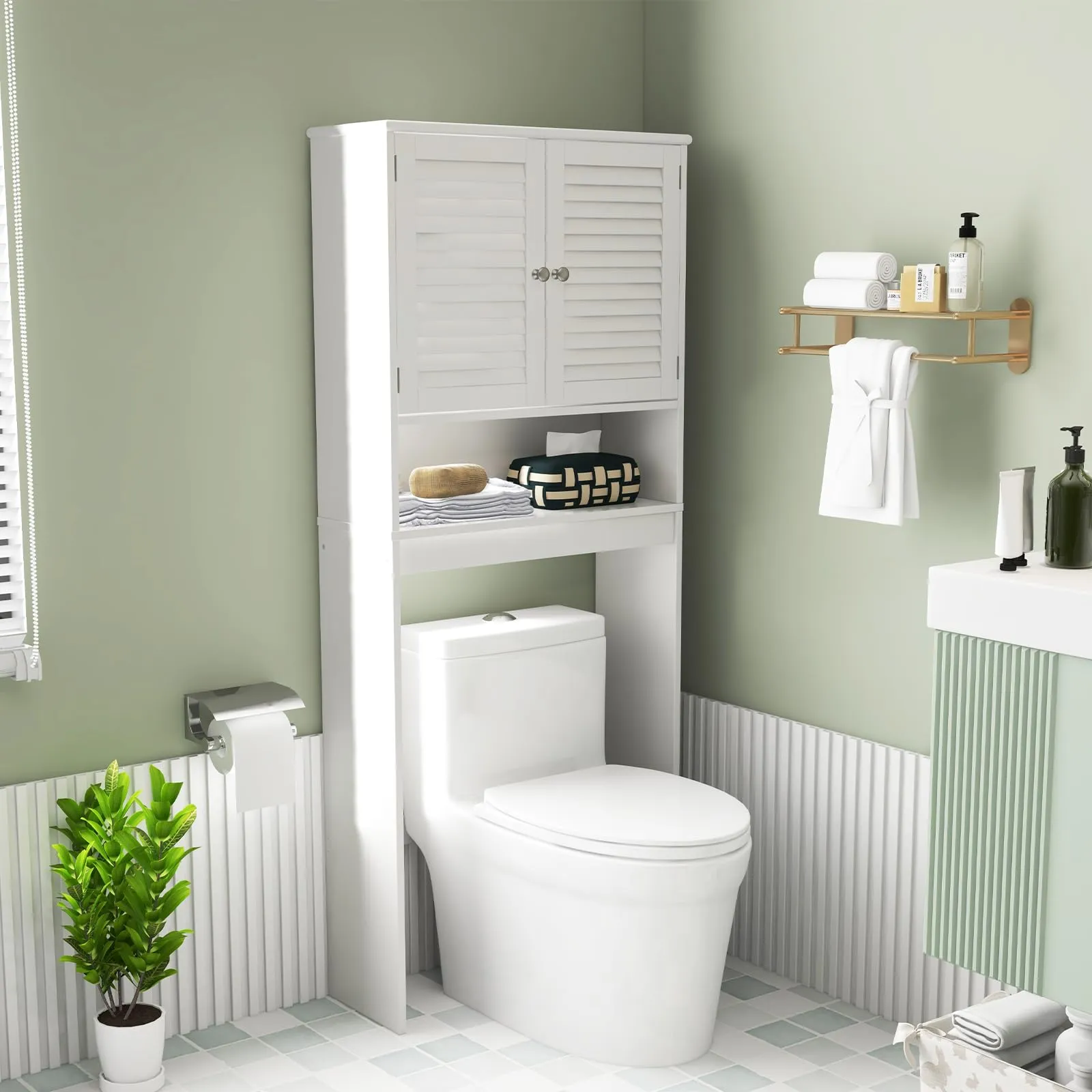 Tangkula Over The Toilet Storage Cabinet, Above Toilet Bathroom Shelf w/Double Doors & Adjustable Shelf