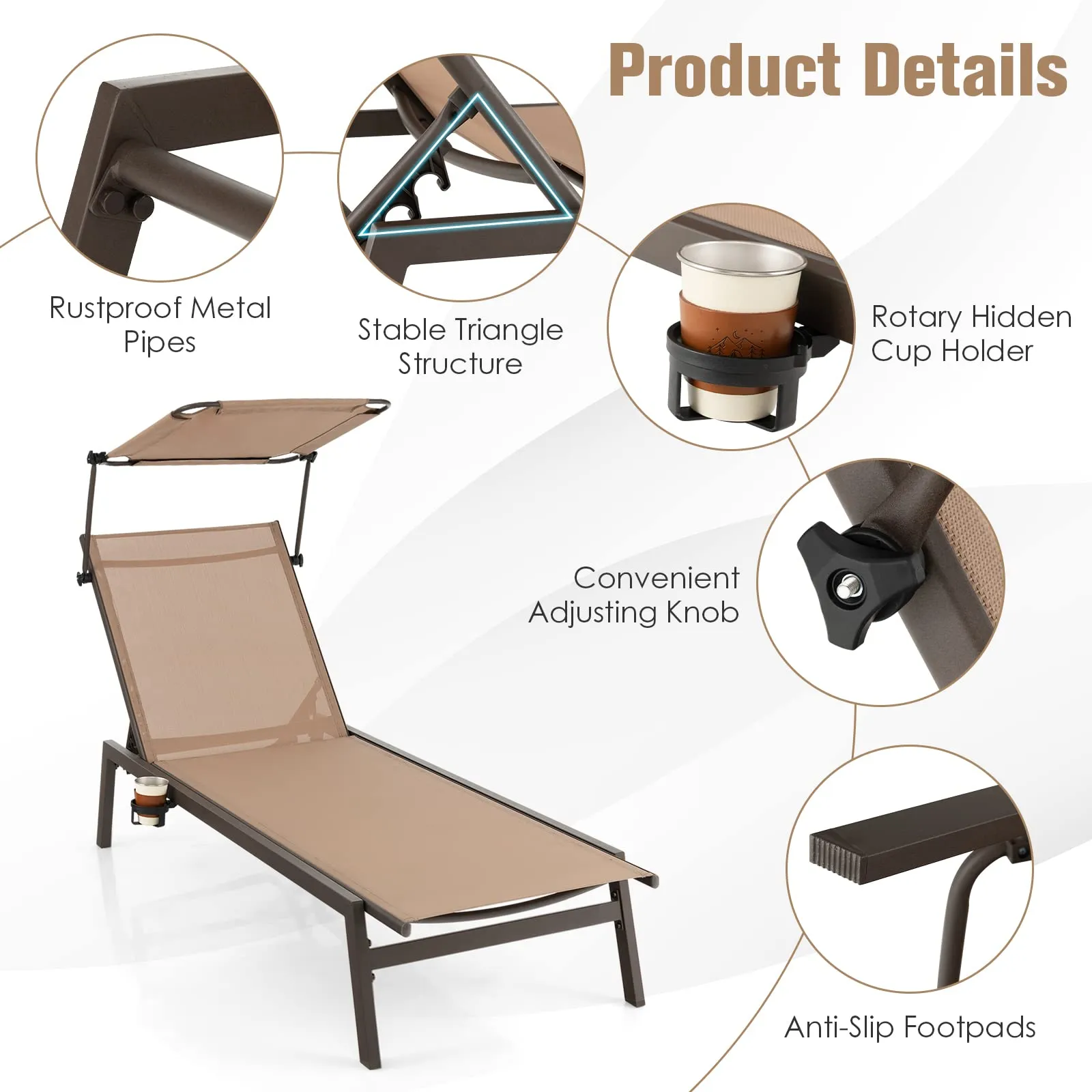 Tangkula Patio Chaise Lounge Chair, Outdoor Recliner with Adjustable Canopy & Cup Holder