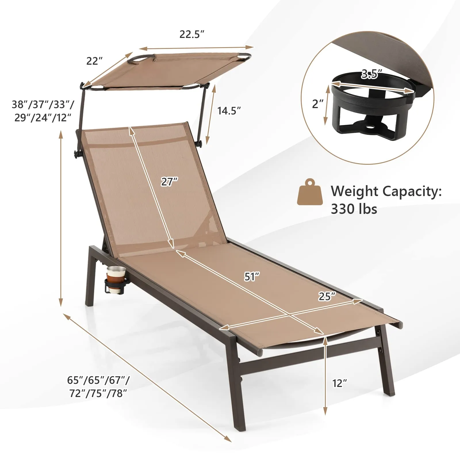 Tangkula Patio Chaise Lounge Chair, Outdoor Recliner with Adjustable Canopy & Cup Holder