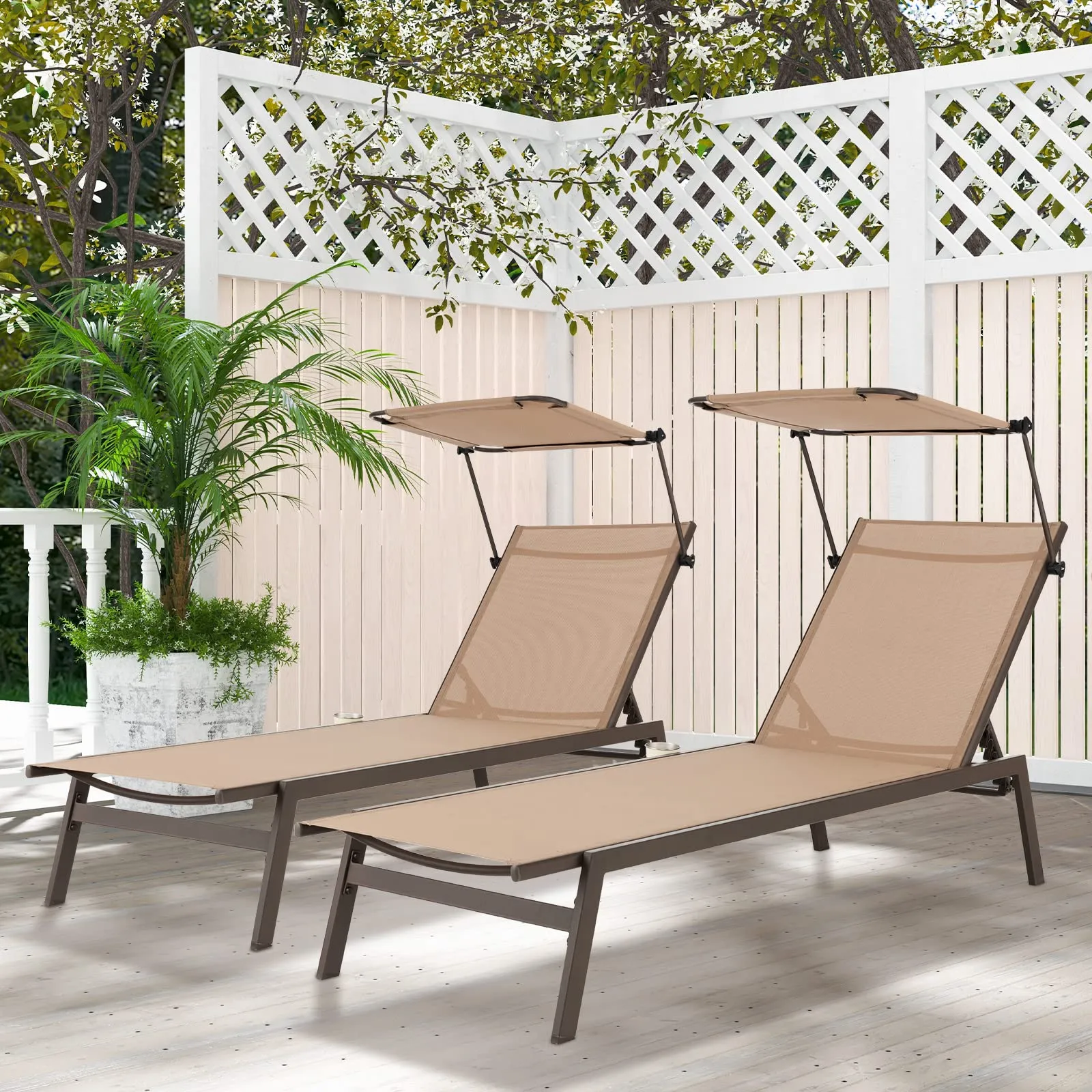 Tangkula Patio Chaise Lounge Chair, Outdoor Recliner with Adjustable Canopy & Cup Holder