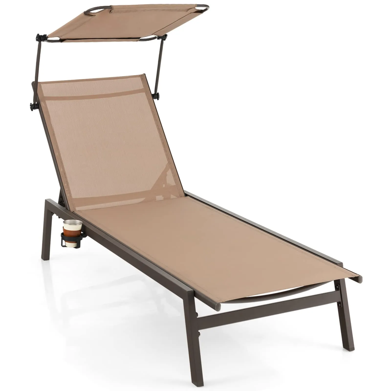 Tangkula Patio Chaise Lounge Chair, Outdoor Recliner with Adjustable Canopy & Cup Holder