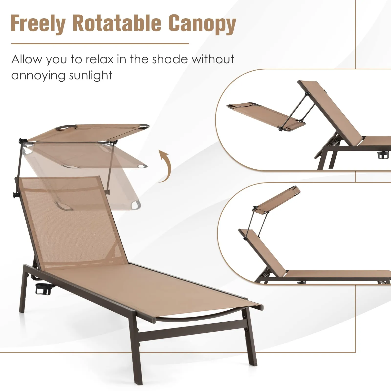 Tangkula Patio Chaise Lounge Chair, Outdoor Recliner with Adjustable Canopy & Cup Holder