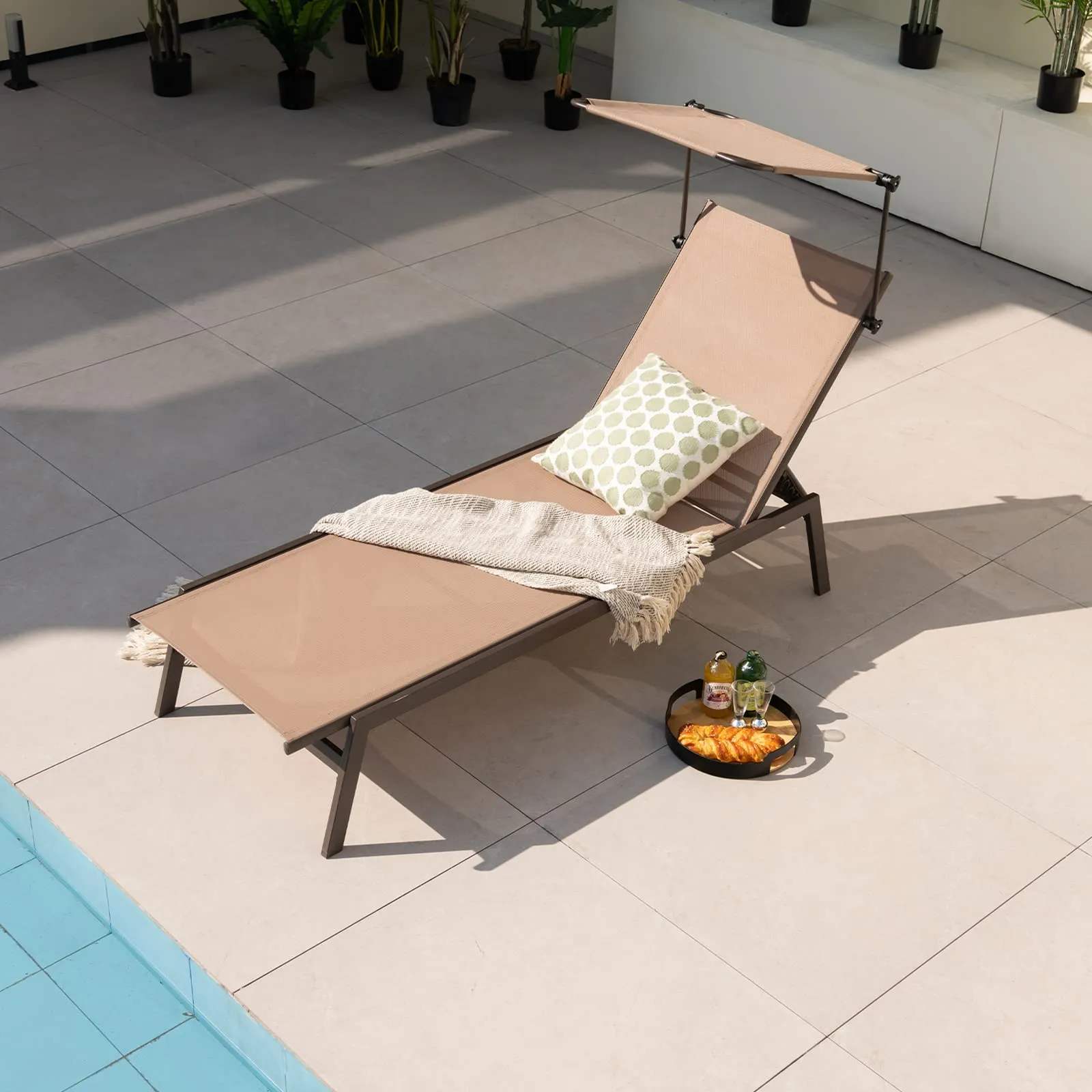 Tangkula Patio Chaise Lounge Chair, Outdoor Recliner with Adjustable Canopy & Cup Holder