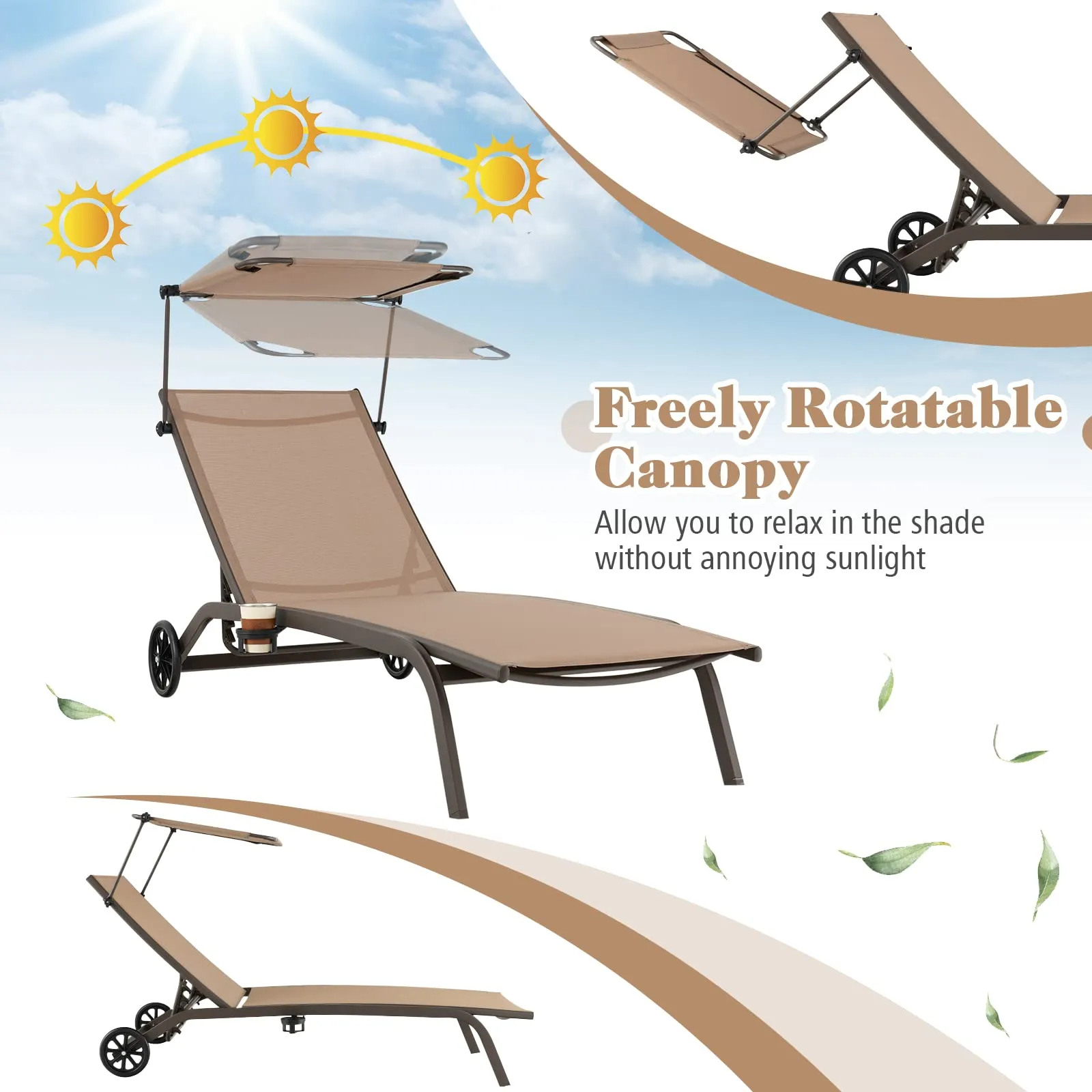 Tangkula Patio Chaise Lounge Chair, Outdoor Recliner with Wheels, Adjustable Canopy & Cupholder