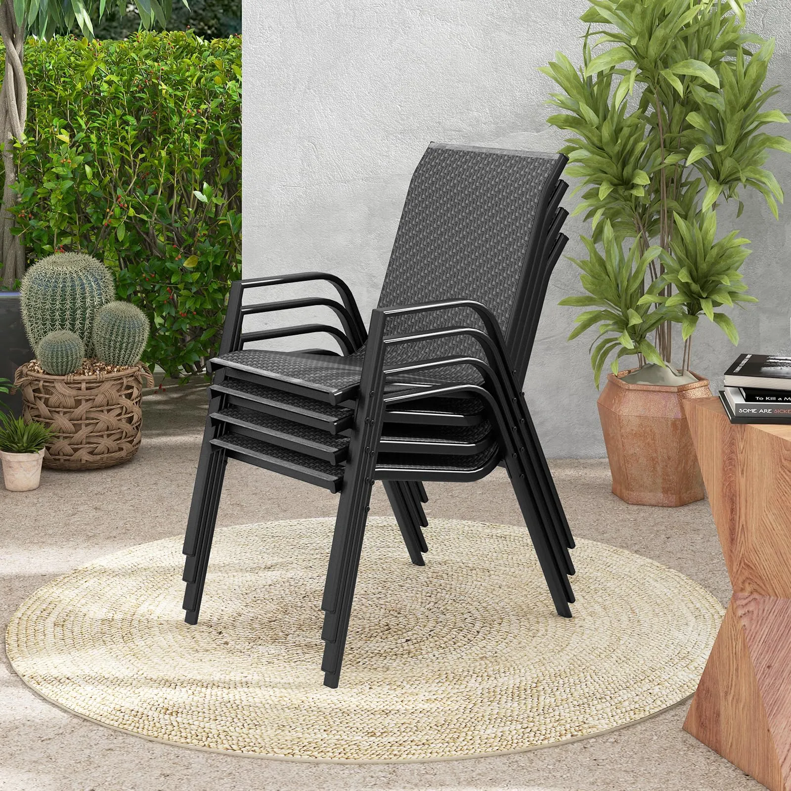 Tangkula Patio Rattan Chairs Set of 4, Stackable Dining Chair Set with Wicker Woven Backrest & Seat