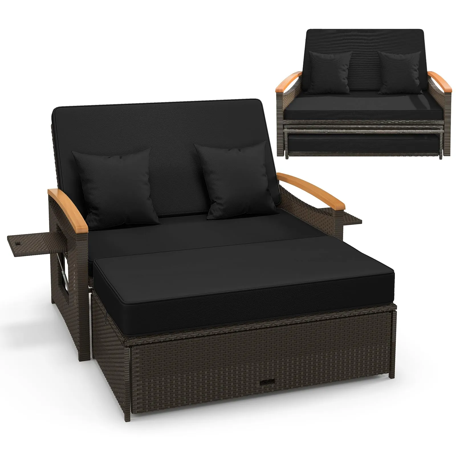 Tangkula Patio Rattan Daybed Set with Cushioned Loveseat and Storage Ottoman