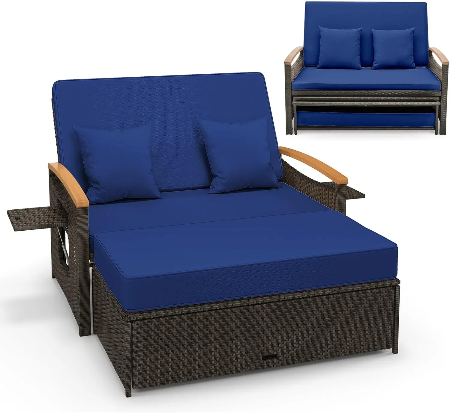 Tangkula Patio Rattan Daybed Set with Cushioned Loveseat and Storage Ottoman