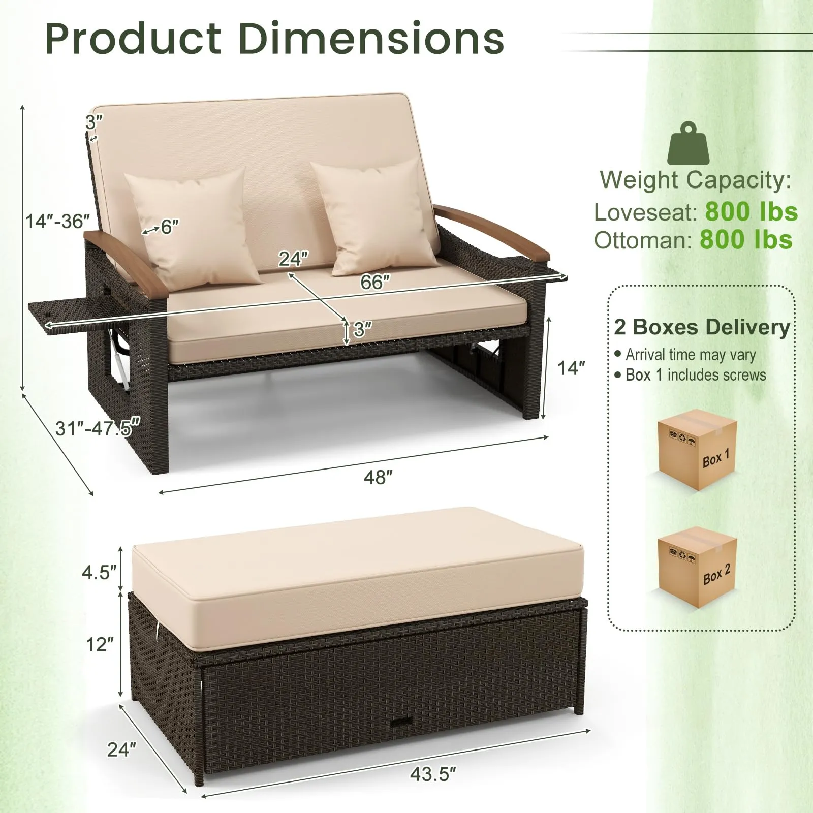 Tangkula Patio Rattan Daybed Set with Cushioned Loveseat and Storage Ottoman