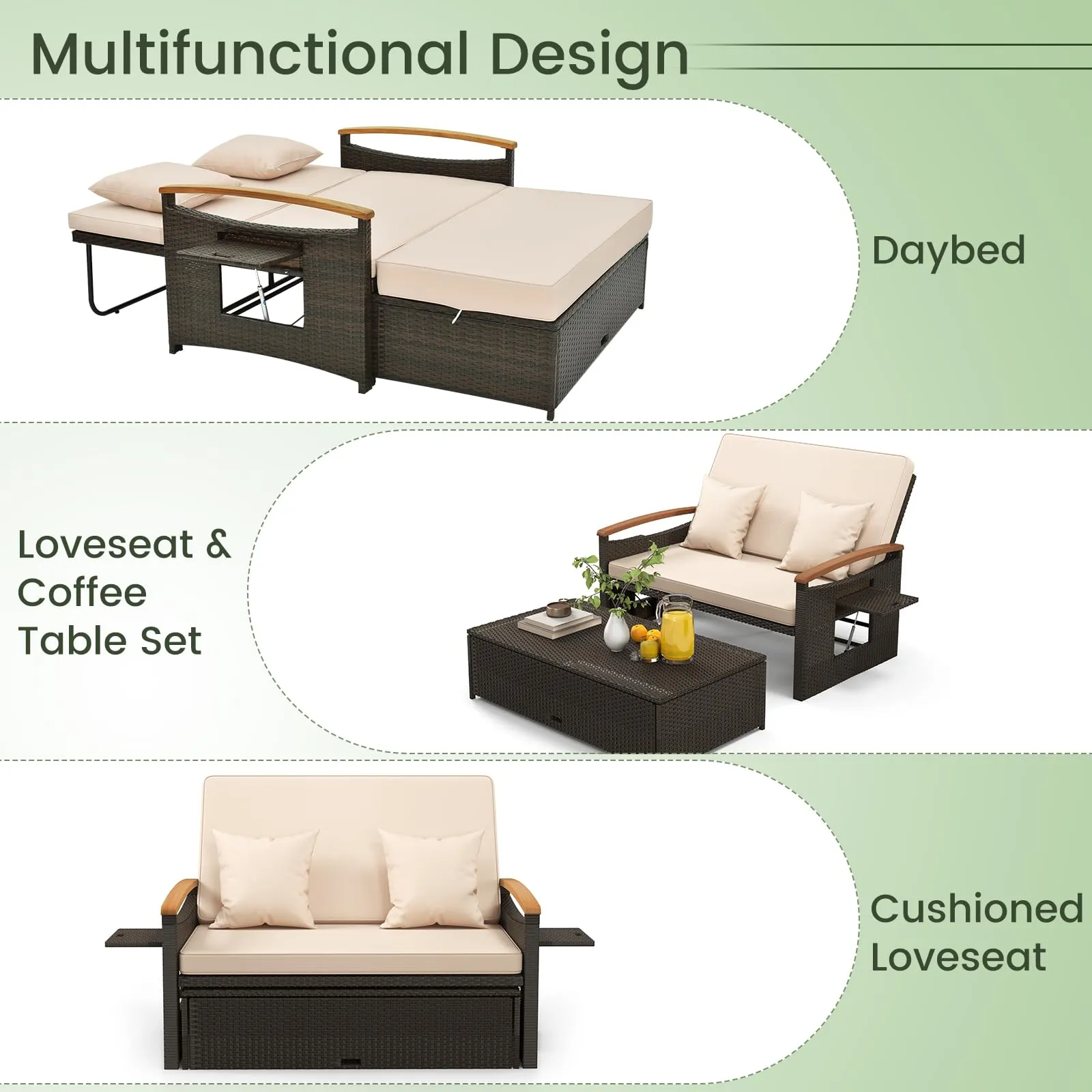 Tangkula Patio Rattan Daybed Set with Cushioned Loveseat and Storage Ottoman