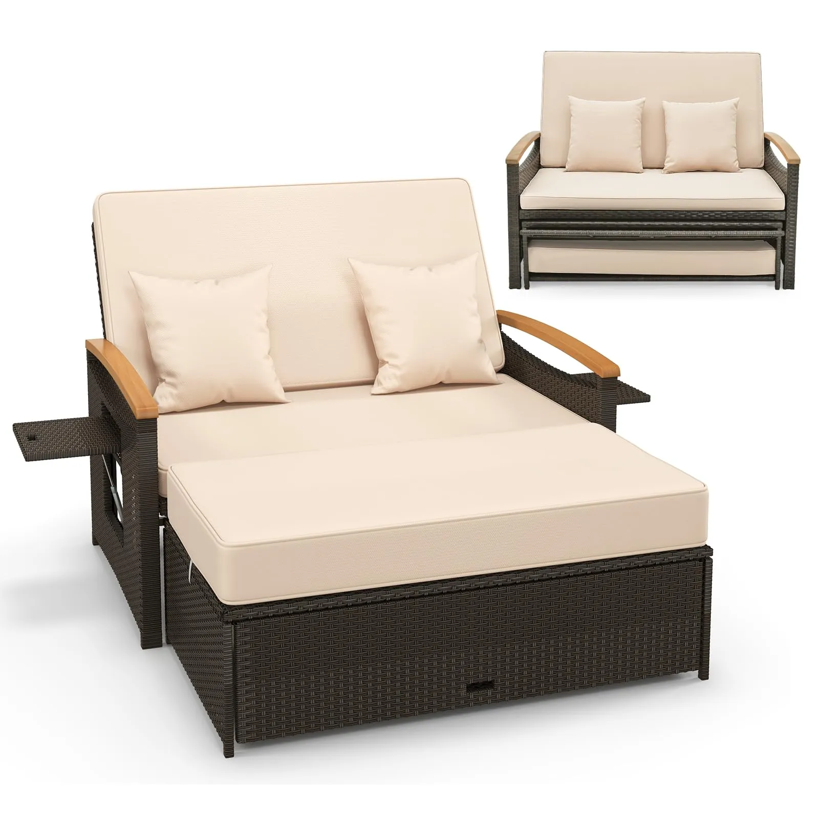 Tangkula Patio Rattan Daybed Set with Cushioned Loveseat and Storage Ottoman