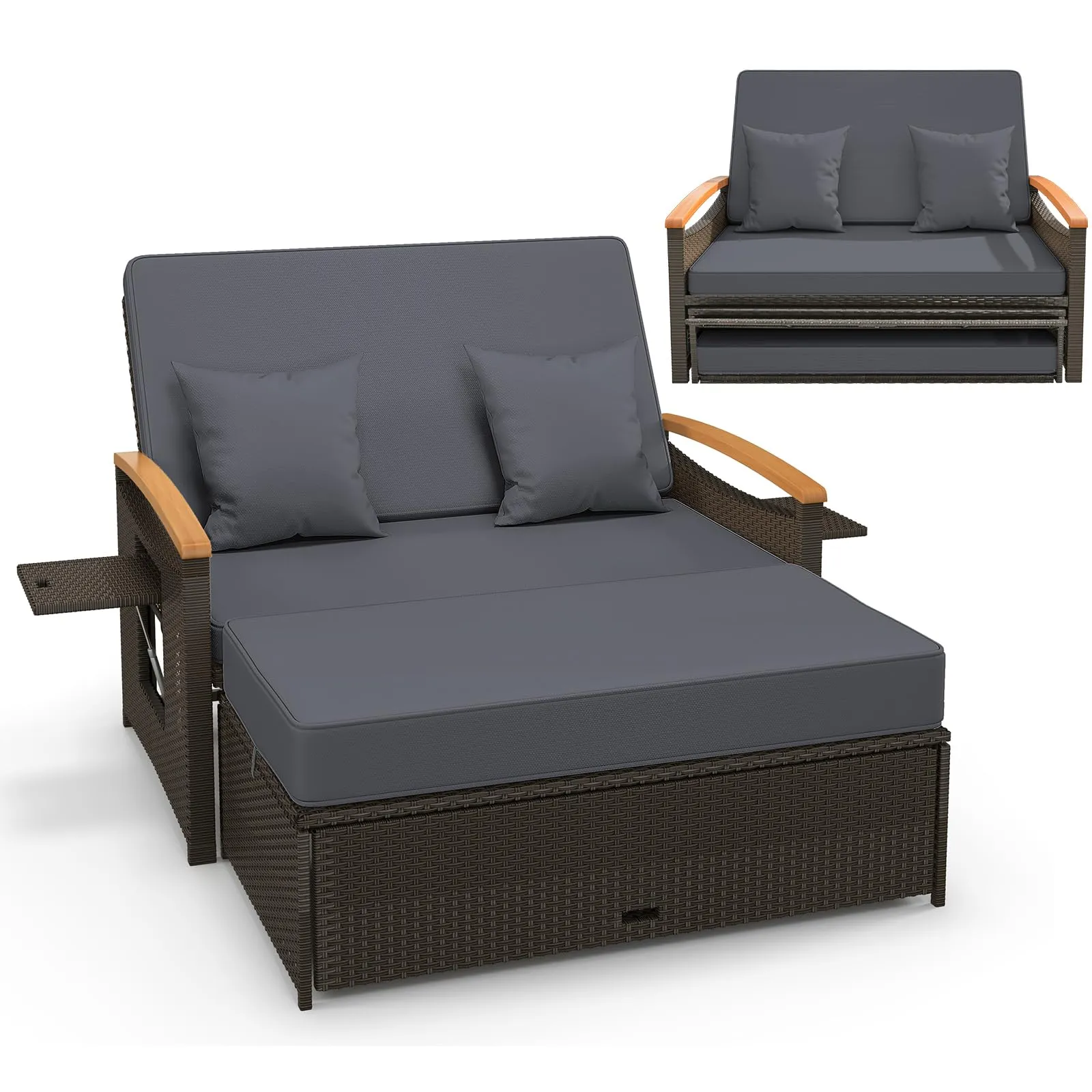 Tangkula Patio Rattan Daybed Set with Cushioned Loveseat and Storage Ottoman