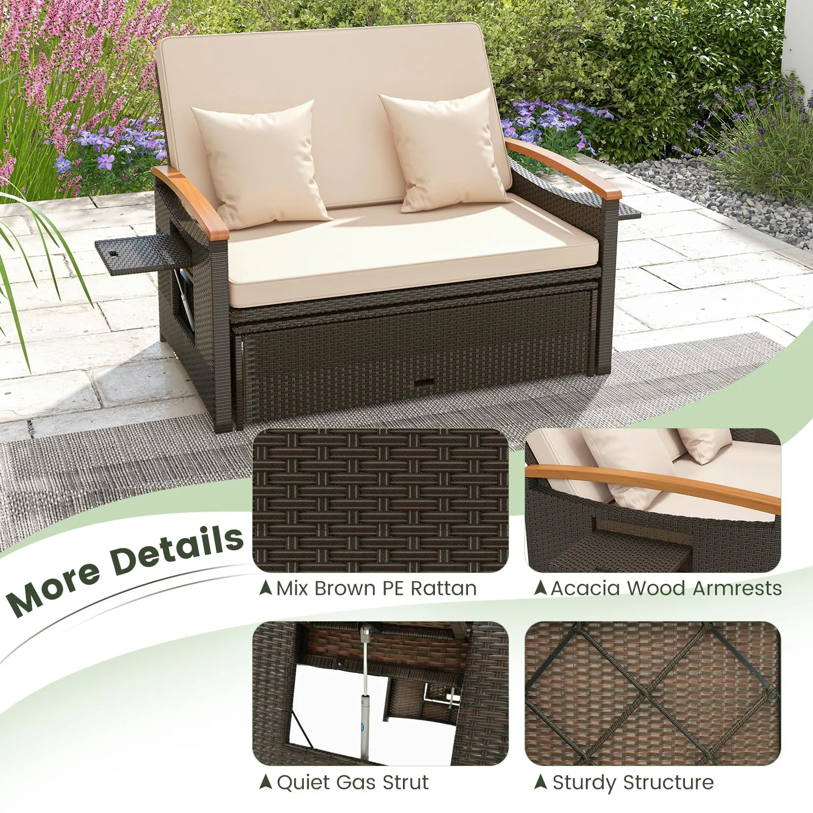 Tangkula Patio Rattan Daybed Set with Cushioned Loveseat and Storage Ottoman