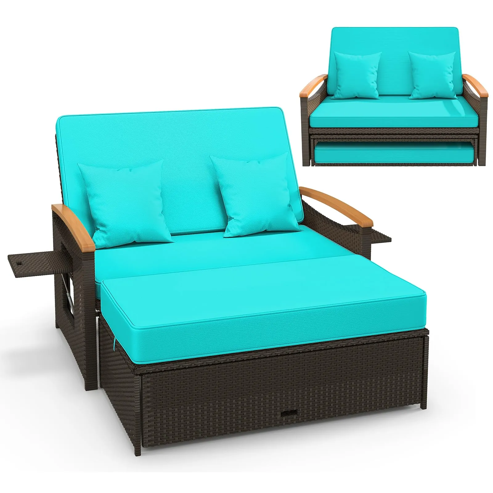 Tangkula Patio Rattan Daybed Set with Cushioned Loveseat and Storage Ottoman