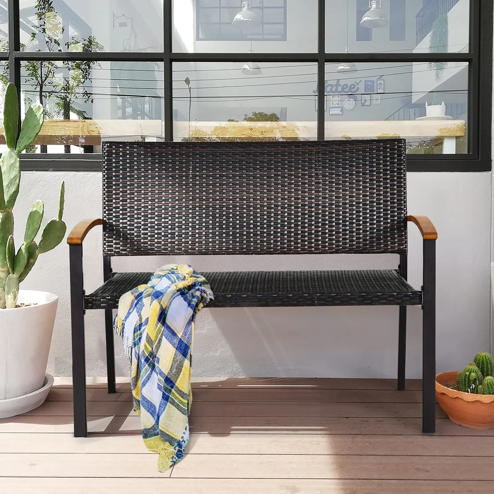 Tangkula Patio Wicker Bench, All Weather Rattan Bench w/Acacia Wood Armrest, Outdoor Loveseat Chair