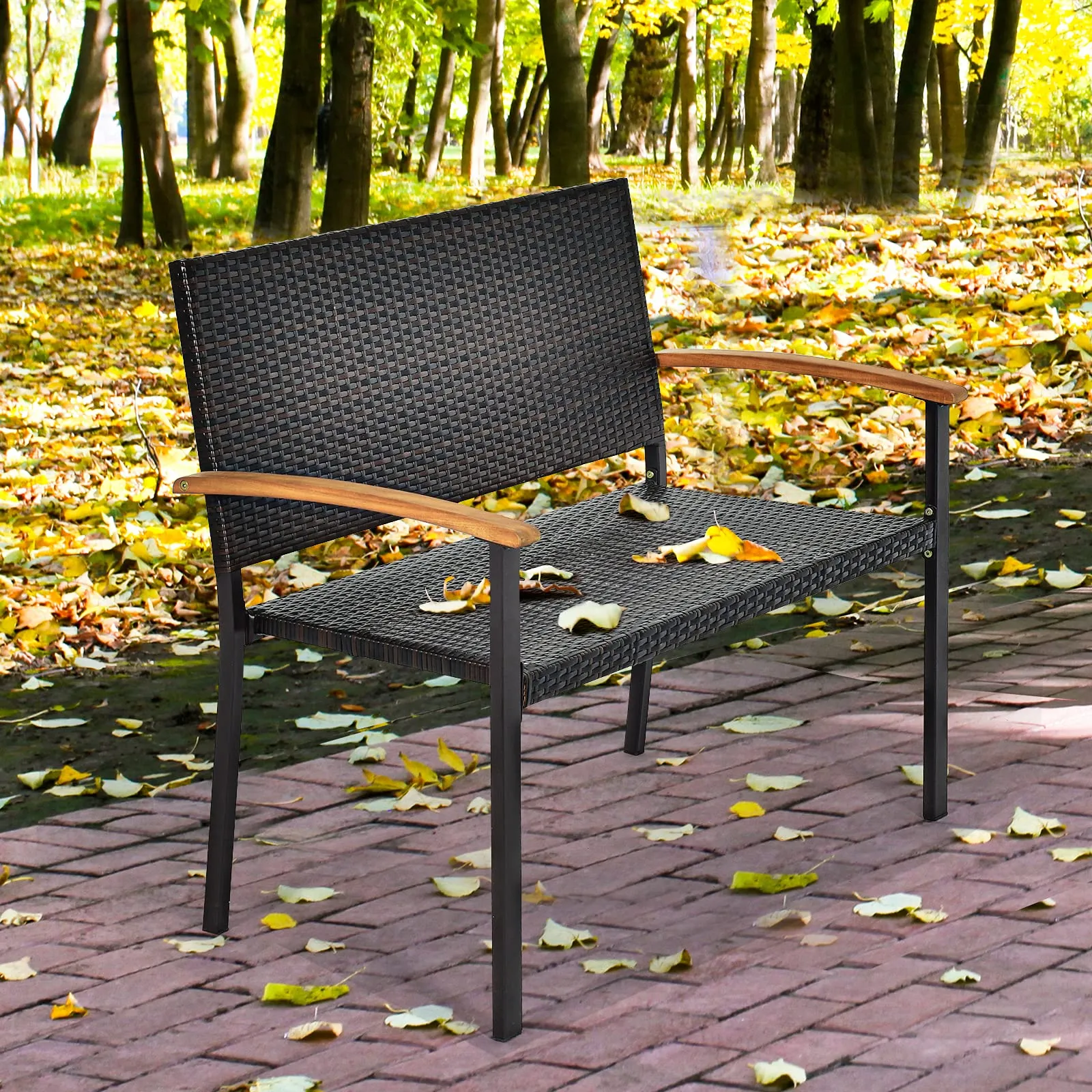 Tangkula Patio Wicker Bench, All Weather Rattan Bench w/Acacia Wood Armrest, Outdoor Loveseat Chair