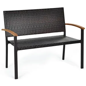 Tangkula Patio Wicker Bench, All Weather Rattan Bench w/Acacia Wood Armrest, Outdoor Loveseat Chair