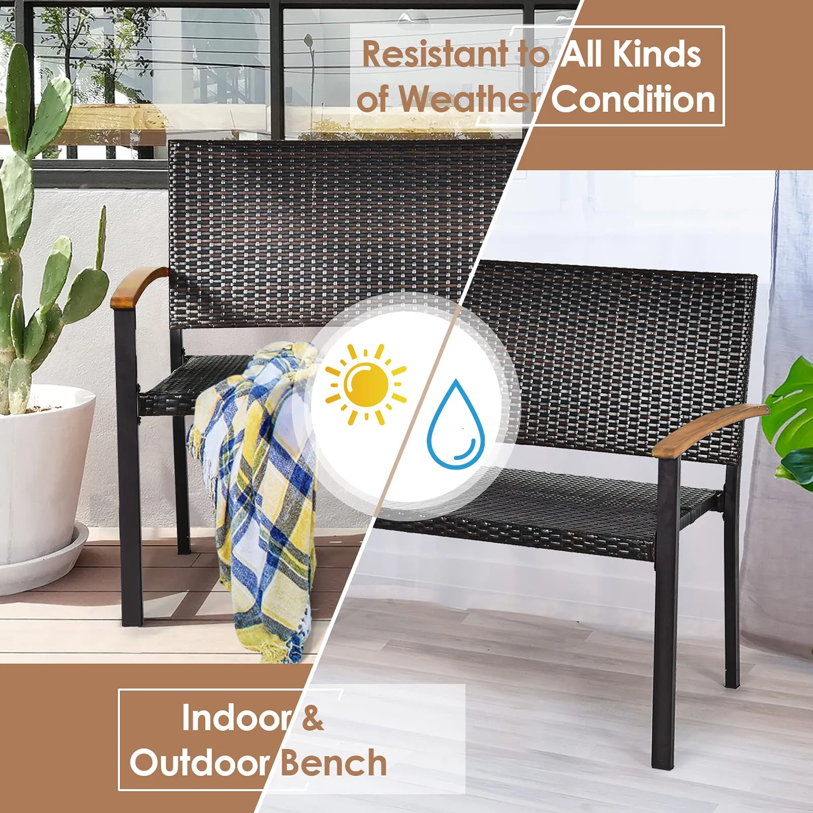 Tangkula Patio Wicker Bench, All Weather Rattan Bench w/Acacia Wood Armrest, Outdoor Loveseat Chair