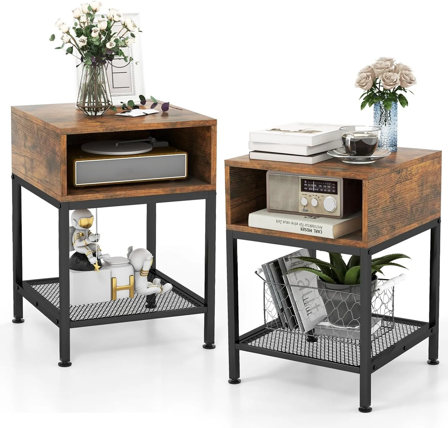 Tangkula Square End Table, 16” Wood Top Sofa Side Table with Metal Frame, Storage Cube & Mesh Shelf