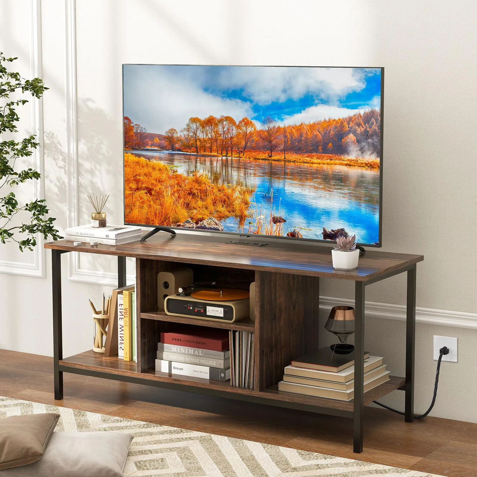 Tangkula TV Stand with Power Outlets, for TVs up to 50 Inch, Industrial TV Console Table