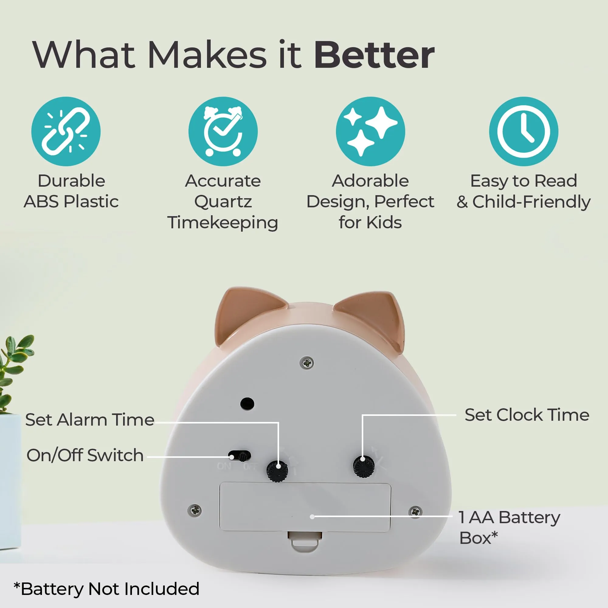 The Better Home Alarm Clock (10cm) |Alarm Clock For Students |Alarm Clock For Bedroom |Loud Alarm Clock For Heavy Sleepers |Mini Alarm Clock For Kids |Cat Ears Table Clock For Study Table- Light Brown