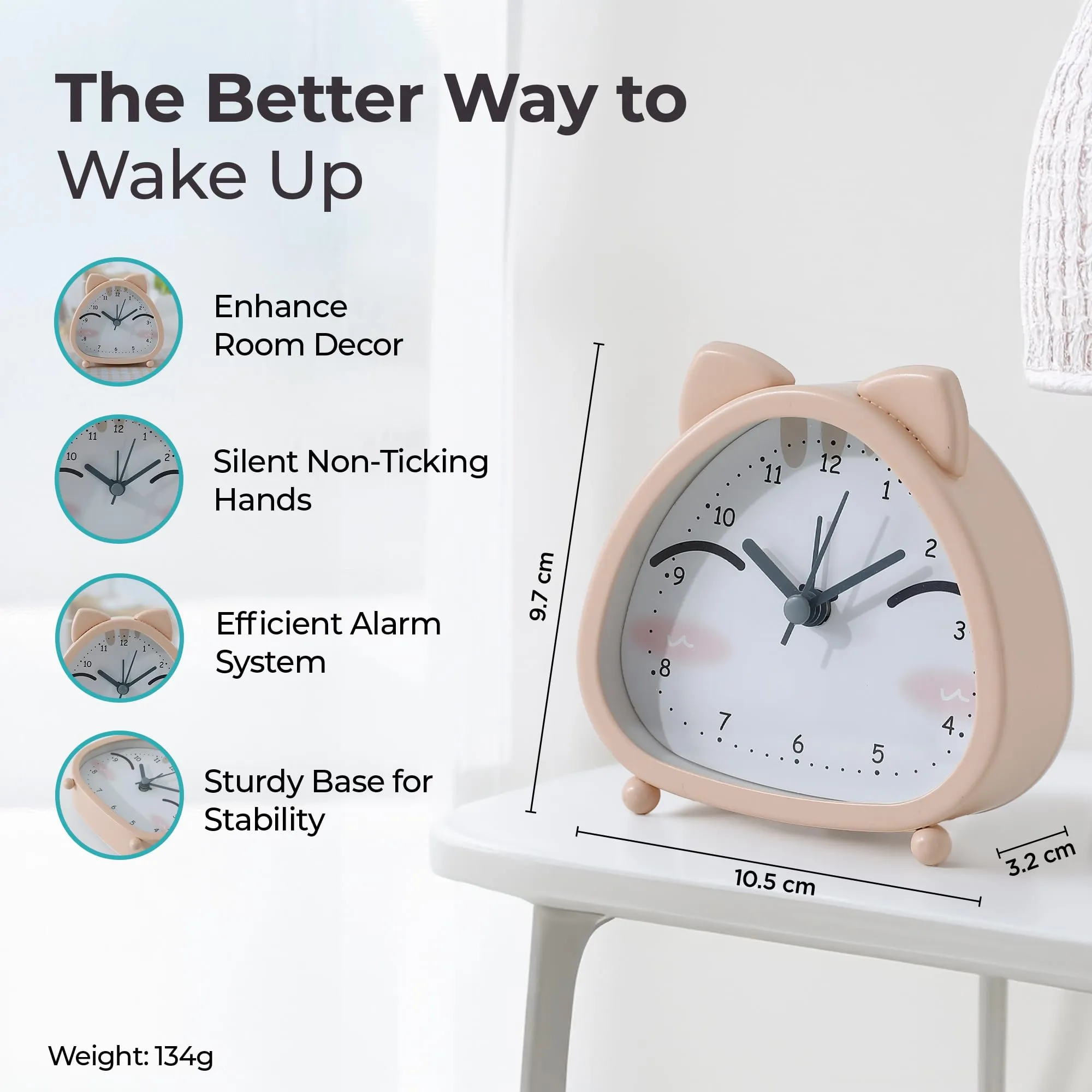 The Better Home Alarm Clock (10cm) |Alarm Clock For Students |Alarm Clock For Bedroom |Loud Alarm Clock For Heavy Sleepers |Mini Alarm Clock For Kids |Cat Ears Table Clock For Study Table- Light Brown