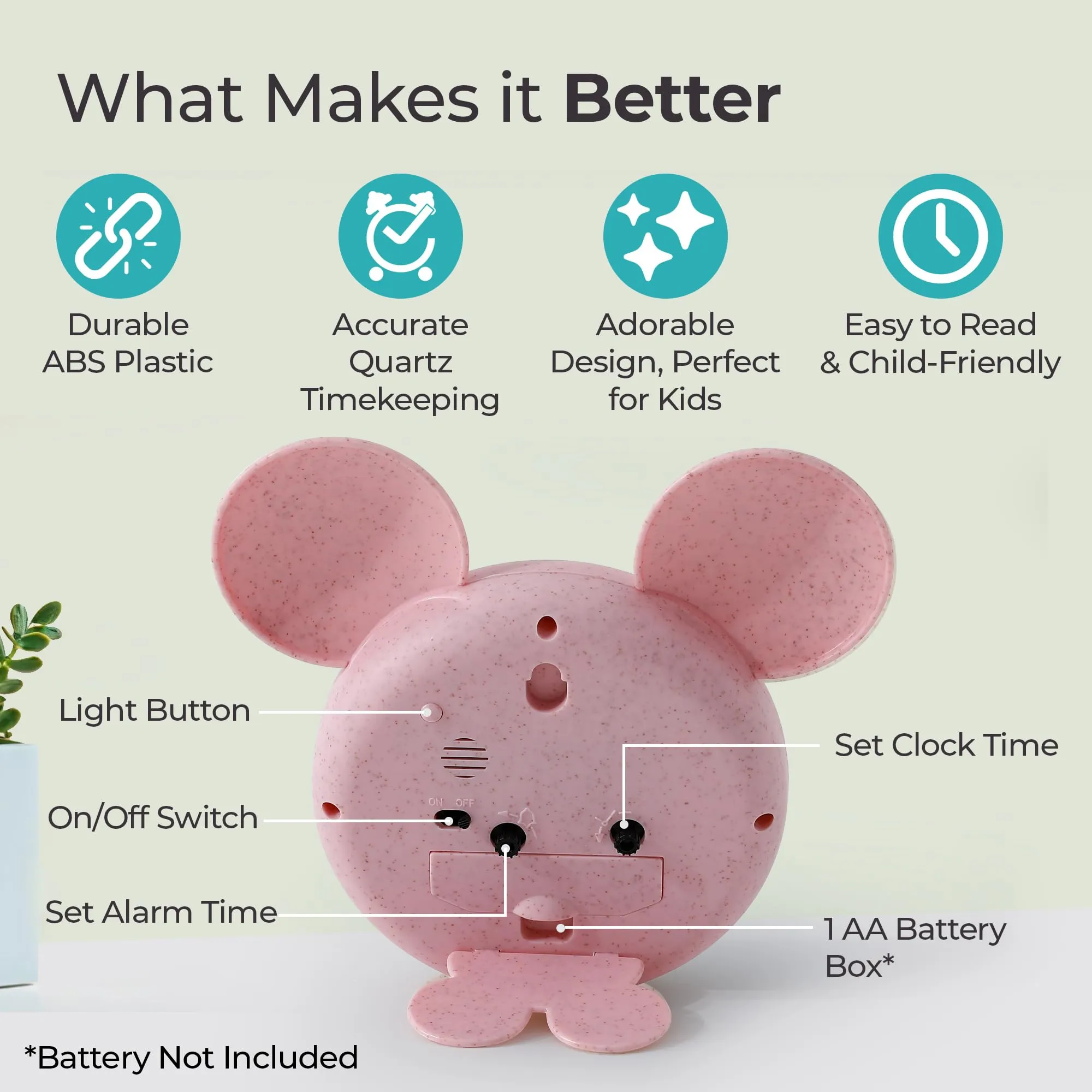 The Better Home Alarm Clock (15cm) |Alarm Clock For Students |Alarm Clock For Bedroom| Loud Alarm Clock For Heavy Sleepers| Alarm Clock For Kids |Mickey Mouse Shaped Table Clock For Study Table - Pink