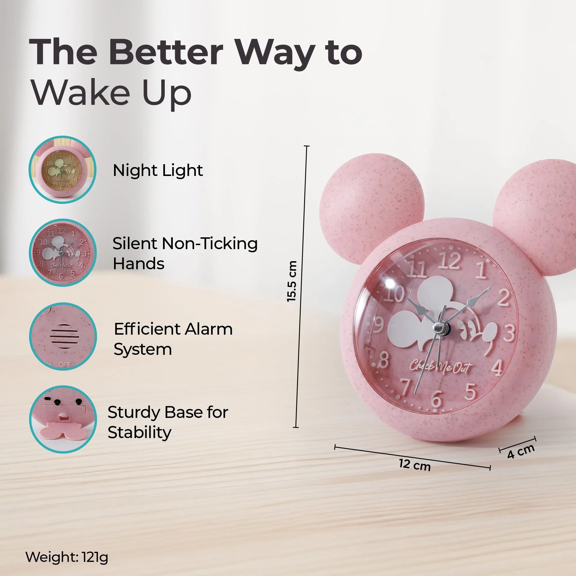 The Better Home Alarm Clock (15cm) |Alarm Clock For Students |Alarm Clock For Bedroom| Loud Alarm Clock For Heavy Sleepers| Alarm Clock For Kids |Mickey Mouse Shaped Table Clock For Study Table - Pink