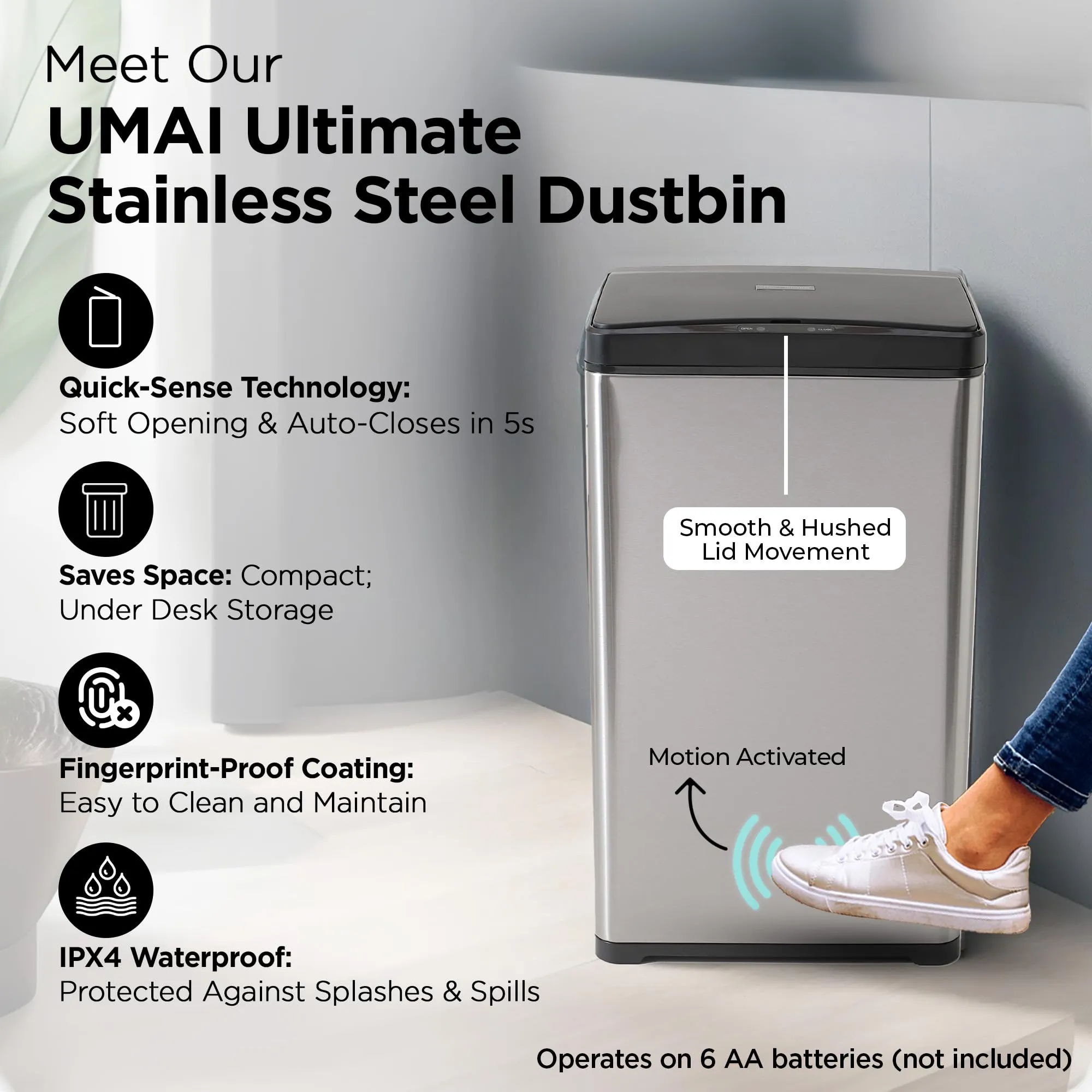 UMAI Stainless Steel Dustbin with Lid | 42L I Automatic Smart Sensor I Dustbin For Kitchen | Dustbin For Room | Durable I CE & RoHS Certified I 4 Functional Modes | Silver