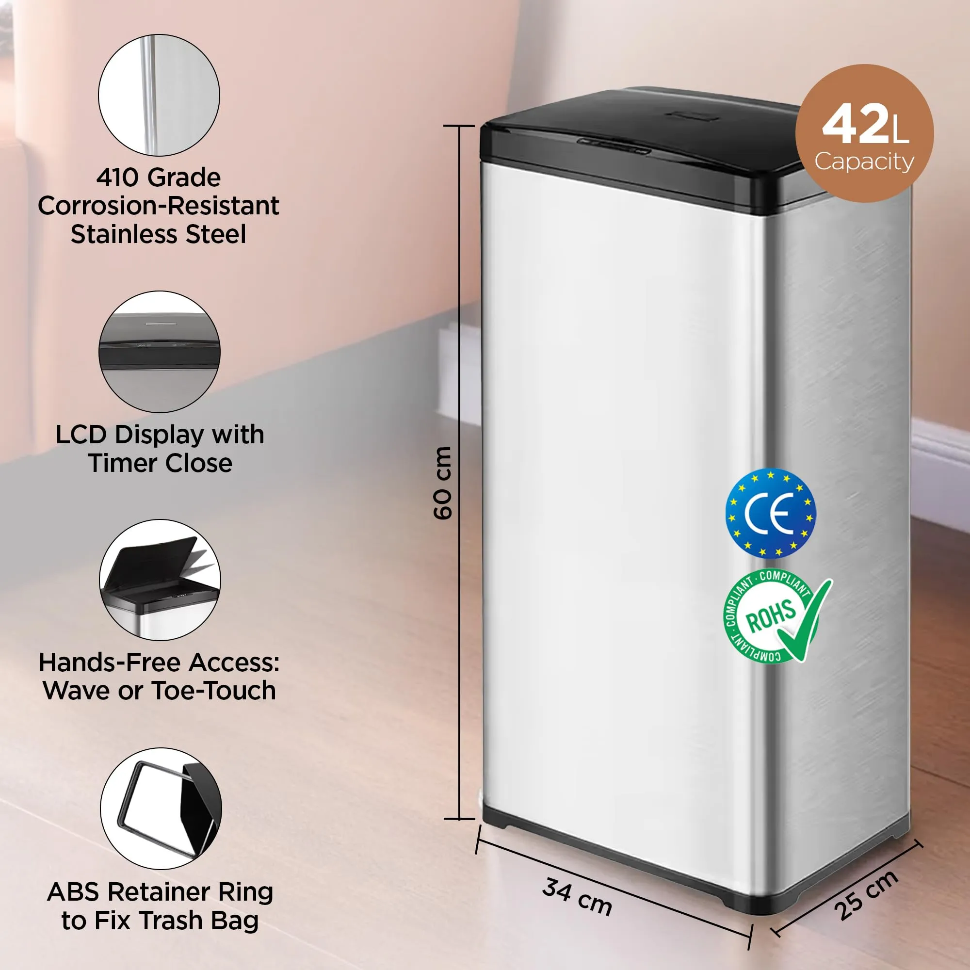 UMAI Stainless Steel Dustbin with Lid | 42L I Automatic Smart Sensor I Dustbin For Kitchen | Dustbin For Room | Durable I CE & RoHS Certified I 4 Functional Modes | Silver