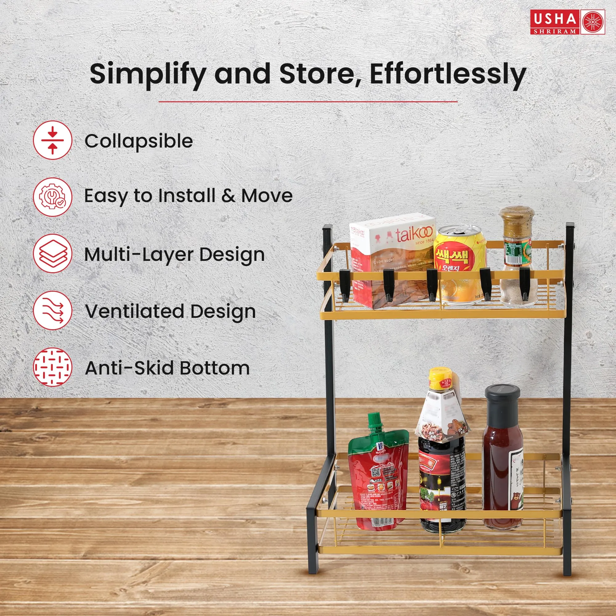 USHA SHRIRAM 2 Layer Carbon Steel Oil Bottle Holder For Kitchen(2Pcs) |360 Rotation | Wine Whiskey Bottle Holder | Shelf For Living Room | Storage Rack For Kitchen Organiser | Black Gold