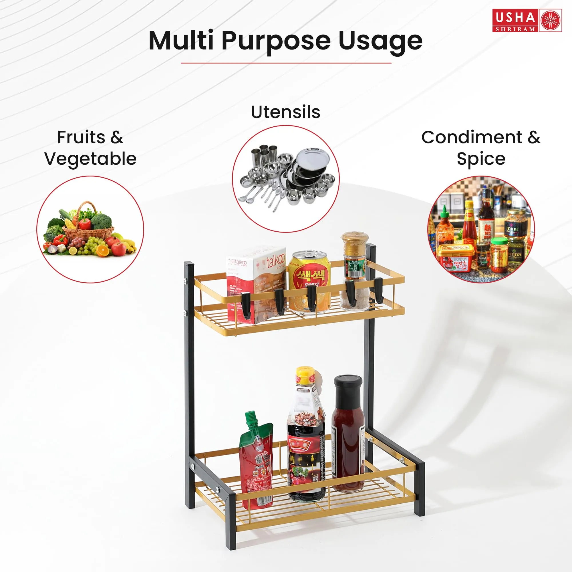 USHA SHRIRAM 2 Layer Carbon Steel Oil Bottle Holder For Kitchen(2Pcs) |360 Rotation | Wine Whiskey Bottle Holder | Shelf For Living Room | Storage Rack For Kitchen Organiser | Black Gold