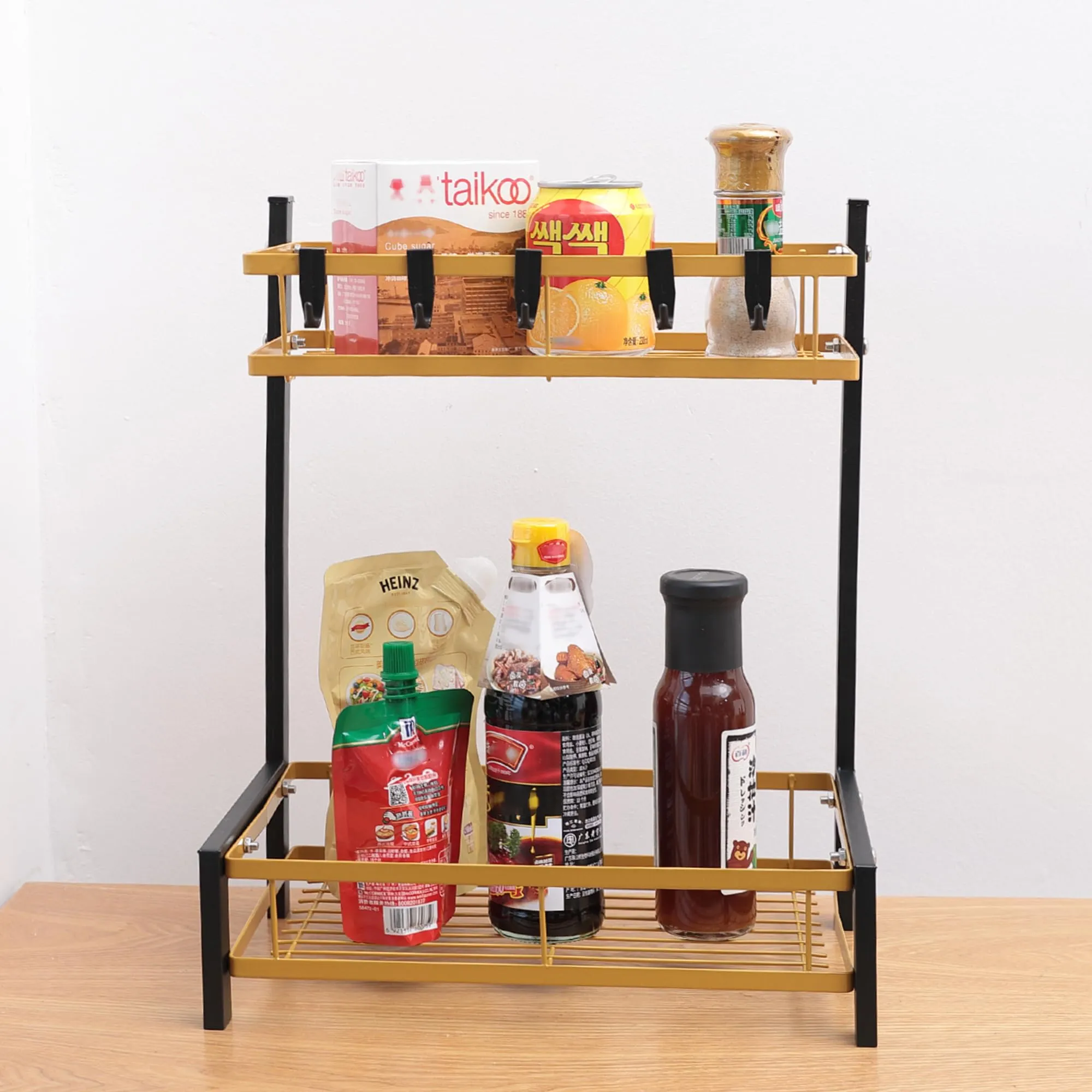 USHA SHRIRAM 2 Layer Carbon Steel Oil Bottle Holder For Kitchen(2Pcs) |360 Rotation | Wine Whiskey Bottle Holder | Shelf For Living Room | Storage Rack For Kitchen Organiser | Black Gold