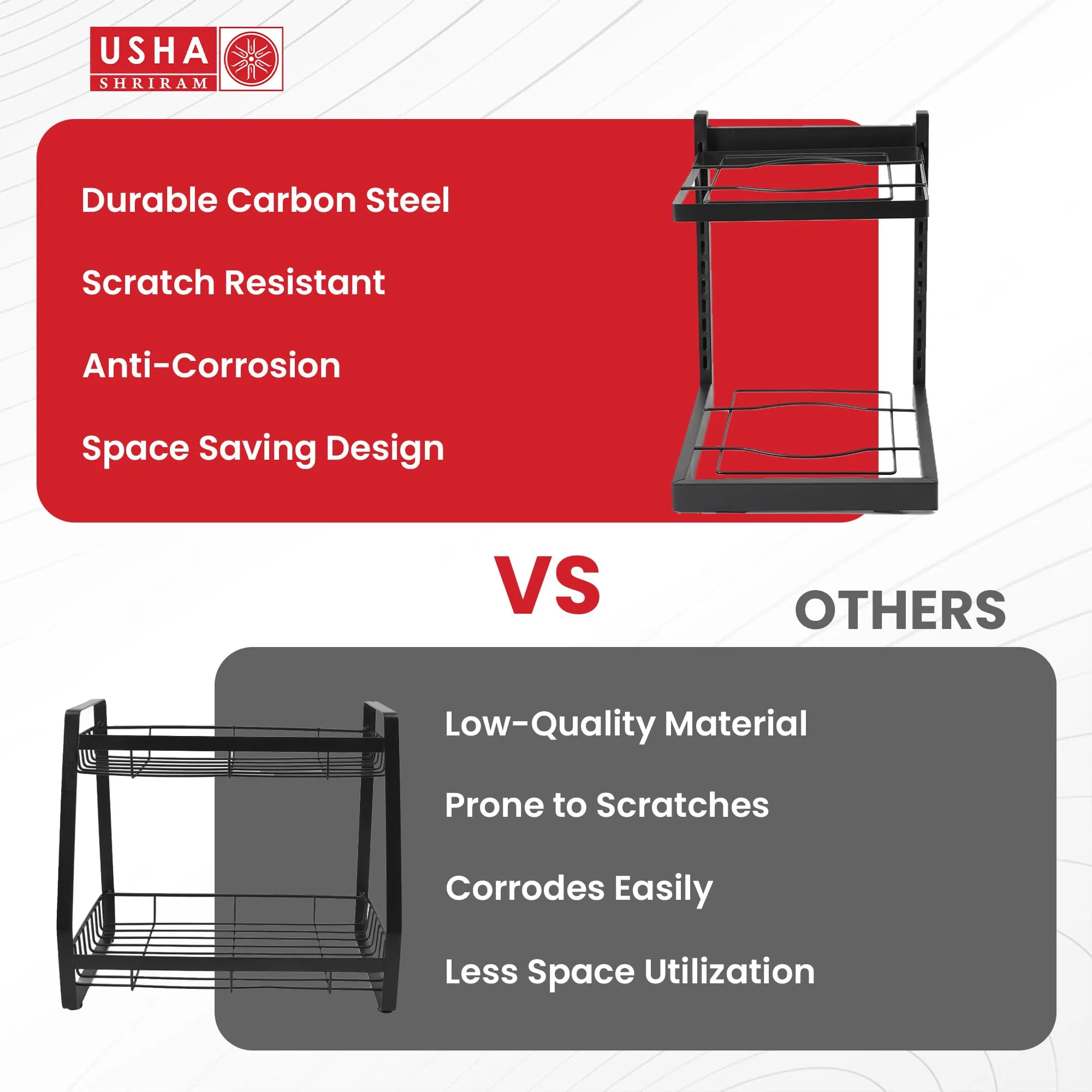 USHA SHRIRAM Carbon Steel | Dish Organiser For Kitchen | Kitchen Side Rack Organiser | Kadai Pan Organiser Rack For Kitchen | Kitchen Appliances Organiser | itchen Shelf Organiser (Pack of 2, 2 Layer)