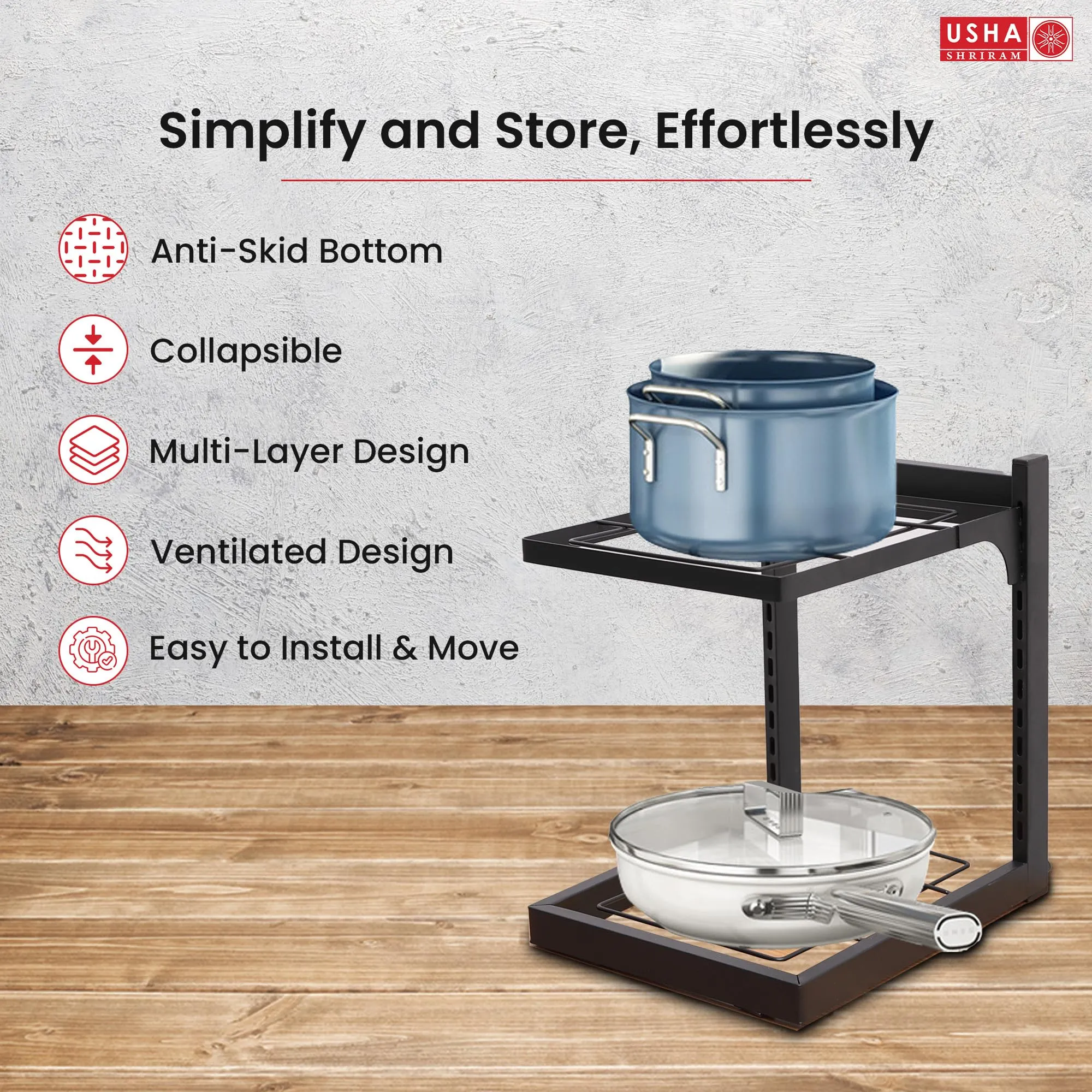 USHA SHRIRAM Carbon Steel | Dish Organiser For Kitchen | Kitchen Side Rack Organiser | Kadai Pan Organiser Rack For Kitchen | Kitchen Appliances Organiser | itchen Shelf Organiser (Pack of 2, 2 Layer)