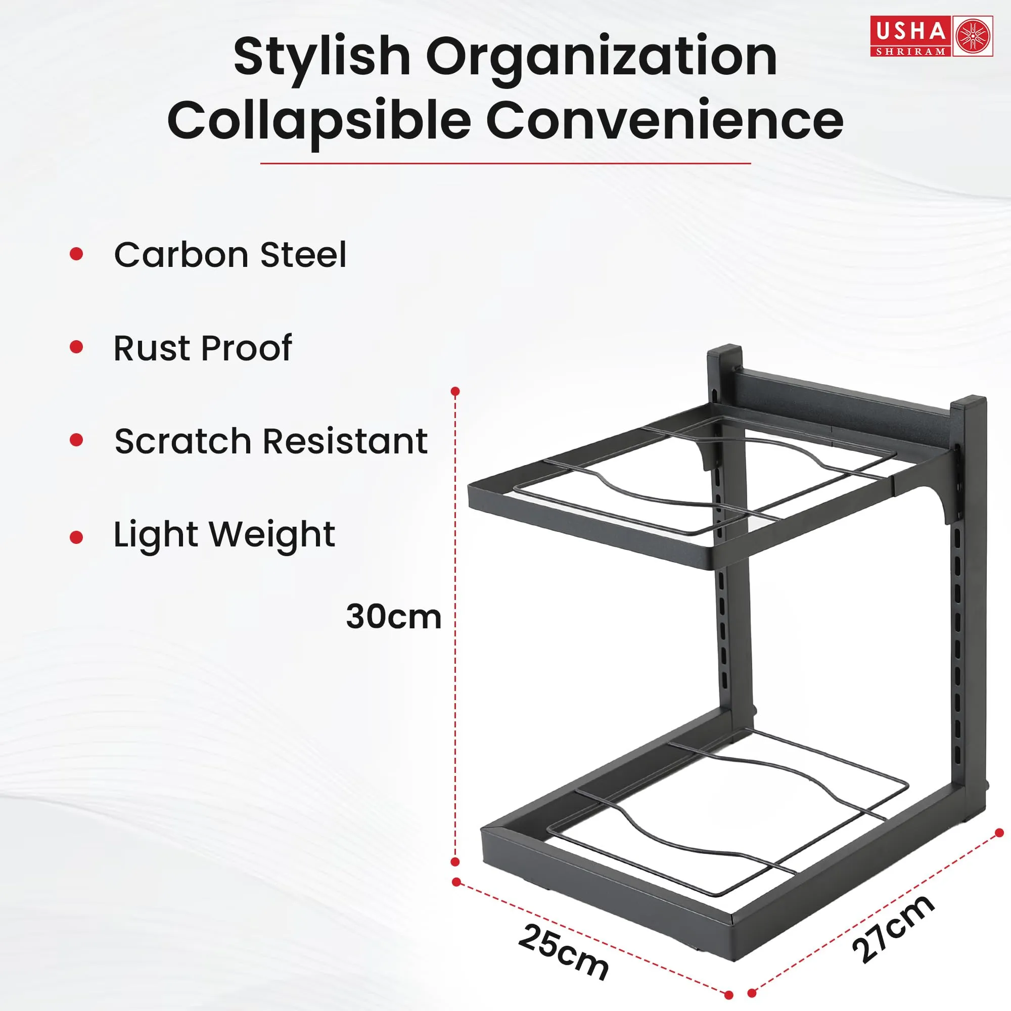 USHA SHRIRAM Carbon Steel | Dish Organiser For Kitchen | Kitchen Side Rack Organiser | Kadai Pan Organiser Rack For Kitchen | Kitchen Appliances Organiser | itchen Shelf Organiser (Pack of 2, 2 Layer)