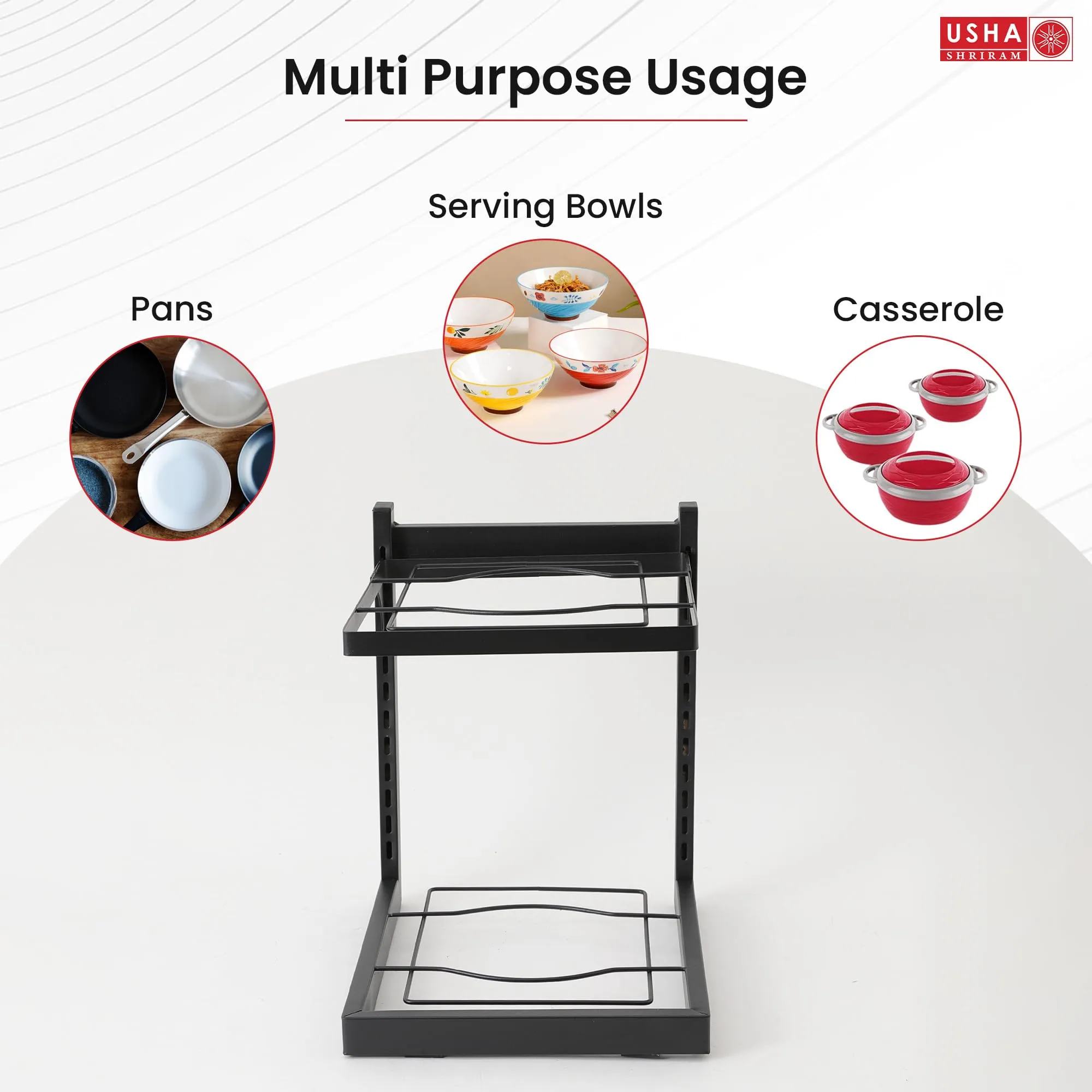 USHA SHRIRAM Carbon Steel | Dish Organiser For Kitchen | Kitchen Side Rack Organiser | Kadai Pan Organiser Rack For Kitchen | Kitchen Appliances Organiser | itchen Shelf Organiser (Pack of 2, 2 Layer)